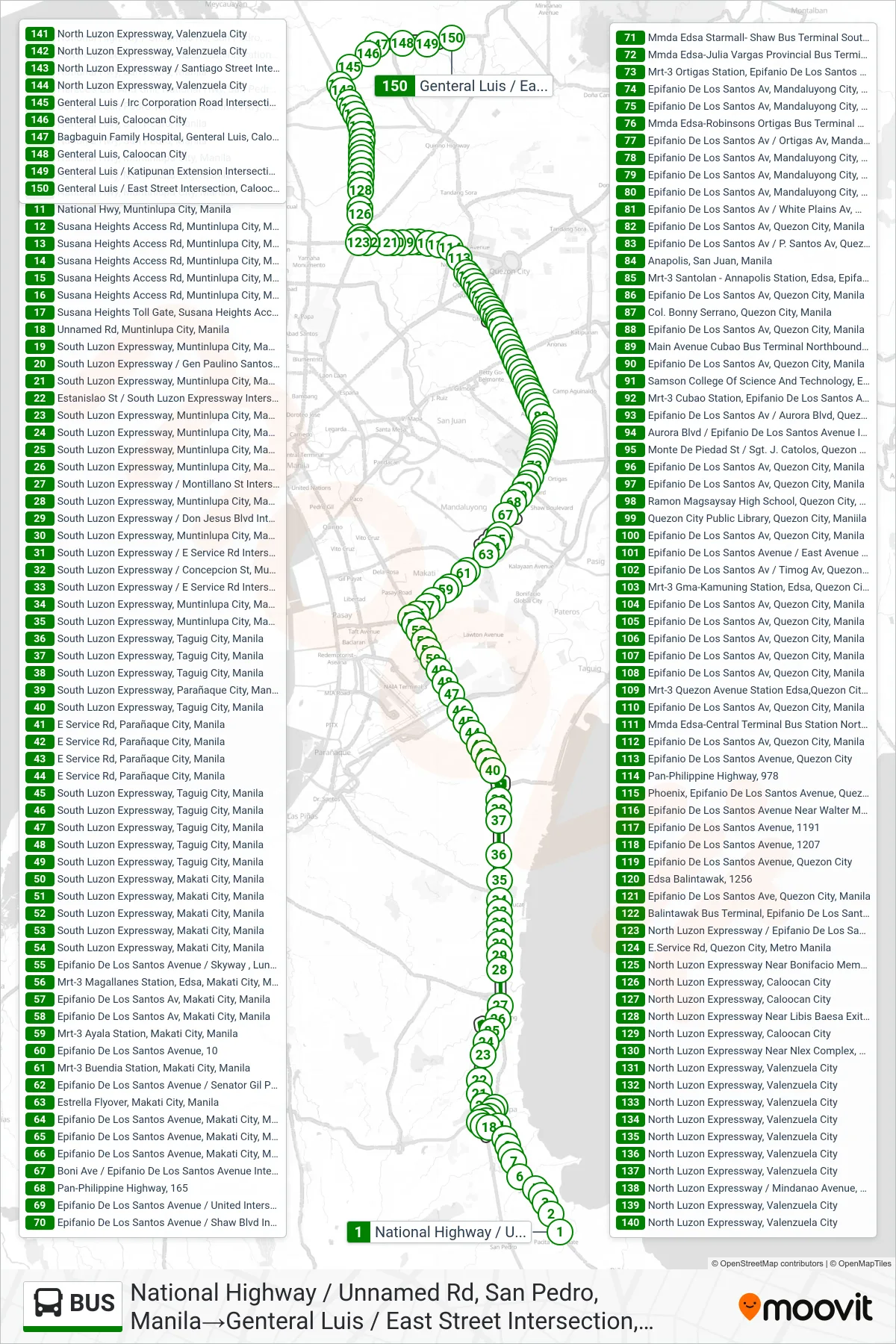 BUS bus Line (National Highway / Unnamed Rd, San Pedro, Manila→Genteral Luis / East Street Intersection, Caloocan City) route and stops on a map