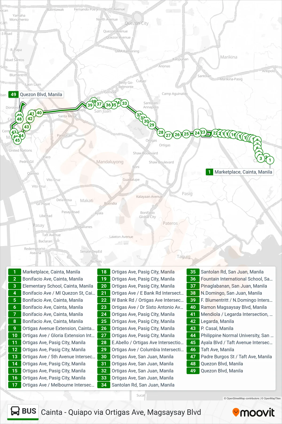BUS bus Line (Marketplace, Cainta, Manila‎→Quezon Blvd, Manila) route and stops on a map