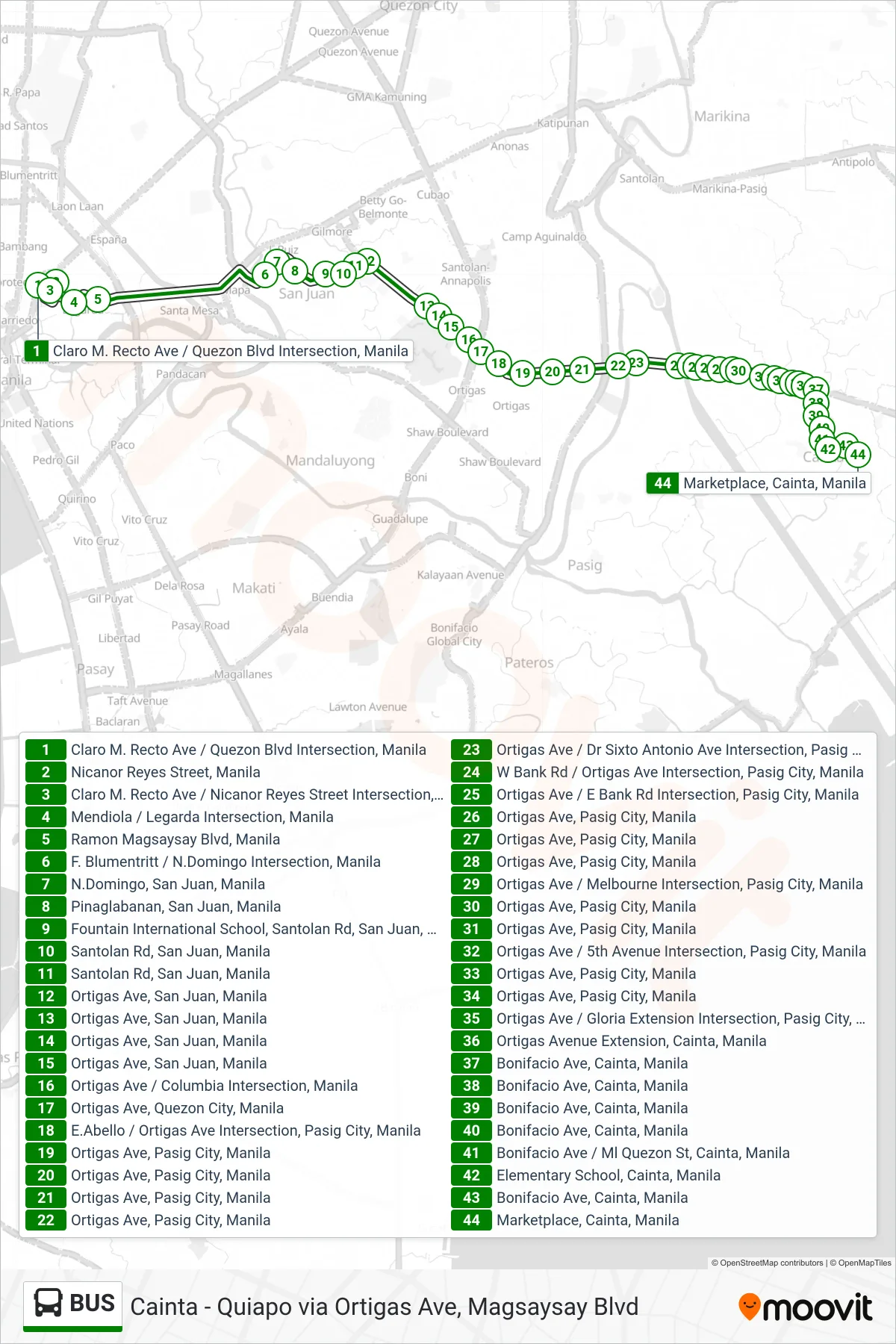 BUS bus Line (Claro M. Recto Ave / Quezon Blvd Intersection, Manila→Marketplace, Cainta, Manila) route and stops on a map