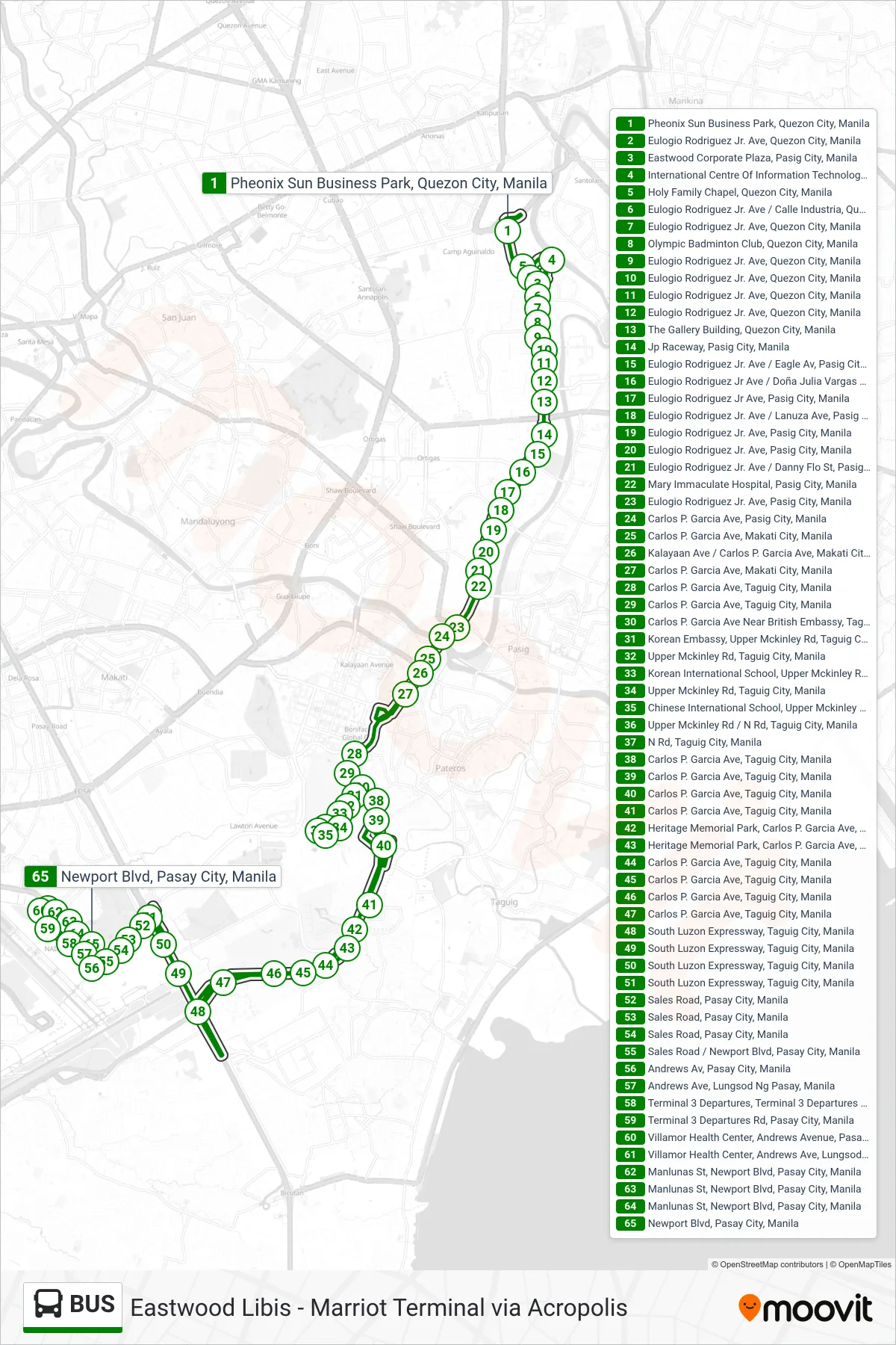 BUS bus Line (Pheonix Sun Business Park, Quezon City, Manila‎→Newport Blvd, Pasay City, Manila) route and stops on a map