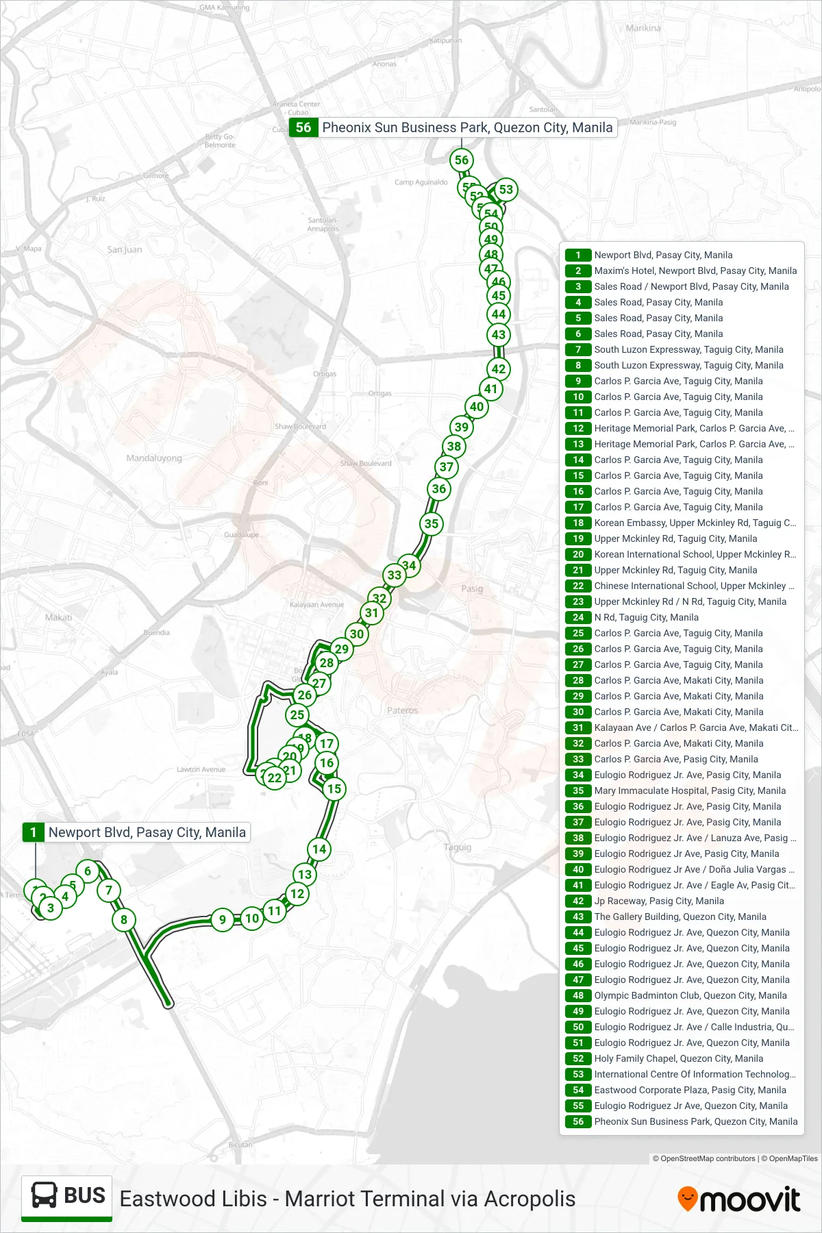 BUS bus Line (Newport Blvd, Pasay City, Manila‎→Pheonix Sun Business Park, Quezon City, Manila) route and stops on a map