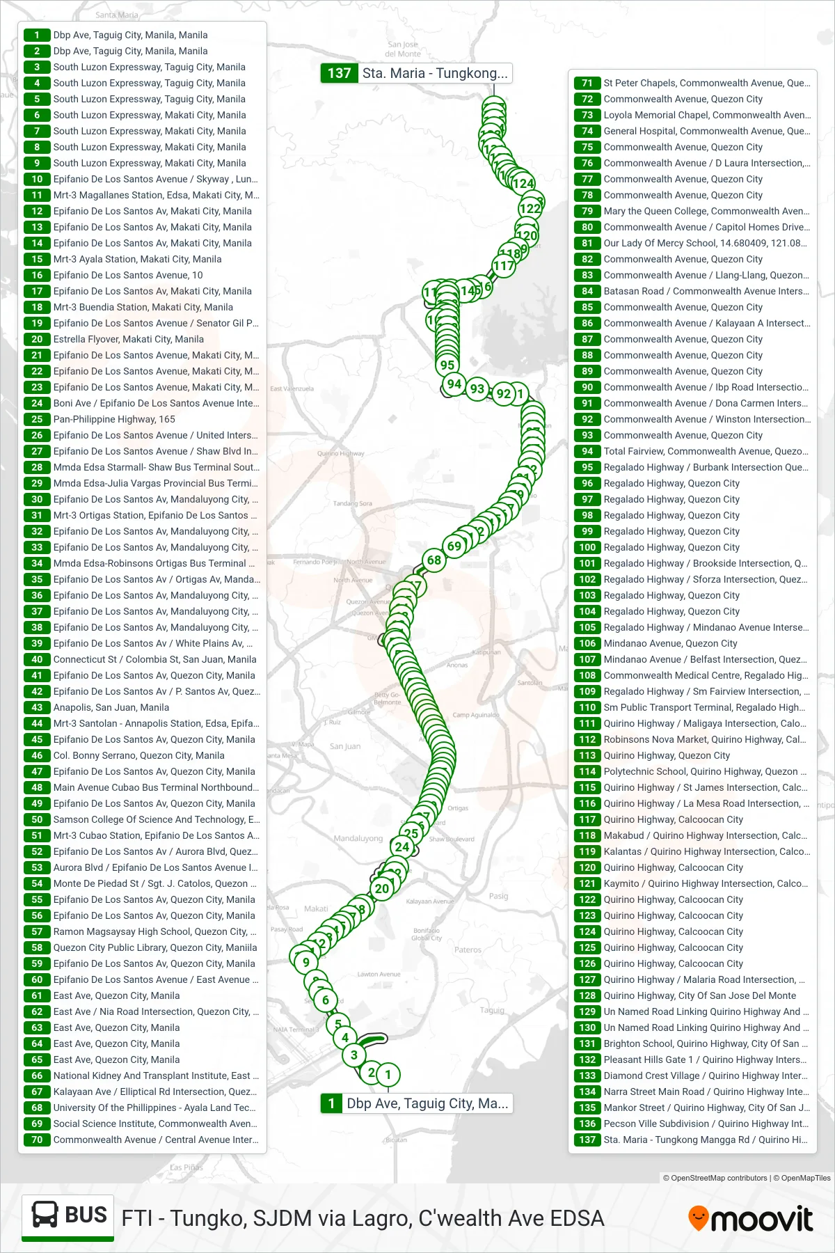 BUS bus Line (Dbp Ave, Taguig City, Manila, Manila‎→Sta. Maria - Tungkong Mangga Rd / Quirino Highway Intersection, City Of San Jose Del Monte) route and stops on a map