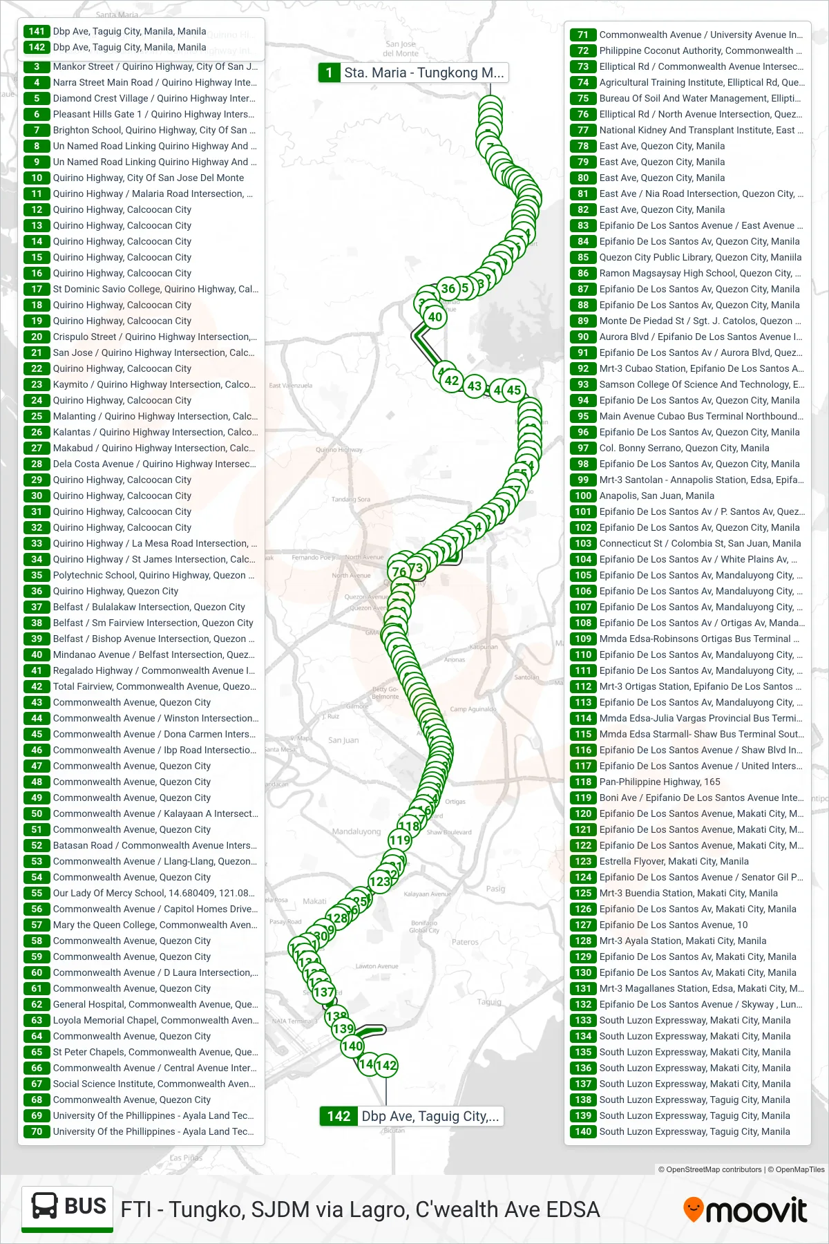 BUS bus Line (Sta. Maria - Tungkong Mangga Rd / Quirino Highway Intersection, City Of San Jose Del Monte→Dbp Ave, Taguig City, Manila, Manila) route and stops on a map