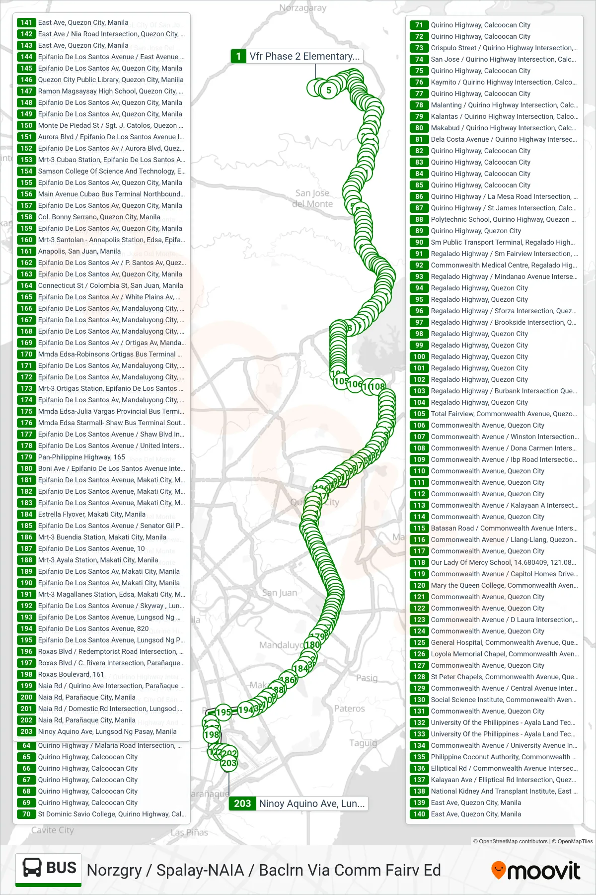 BUS bus Line (Vfr Phase 2 Elementary School, City Of San Jose Del Monte, Manila‎→Ninoy Aquino Ave, Lungsod Ng Pasay, Manila) route and stops on a map