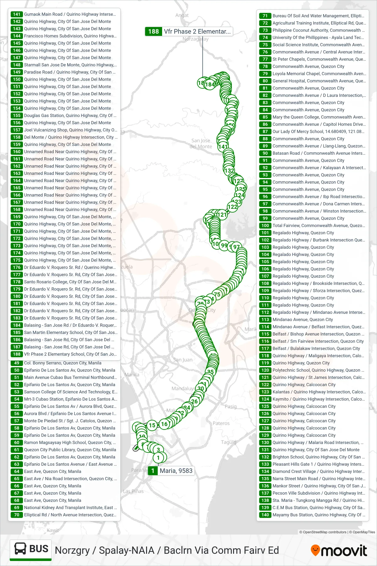 BUS bus Line (Maria, 9583‎→Vfr Phase 2 Elementary School, City Of San Jose Del Monte, Manila) route and stops on a map