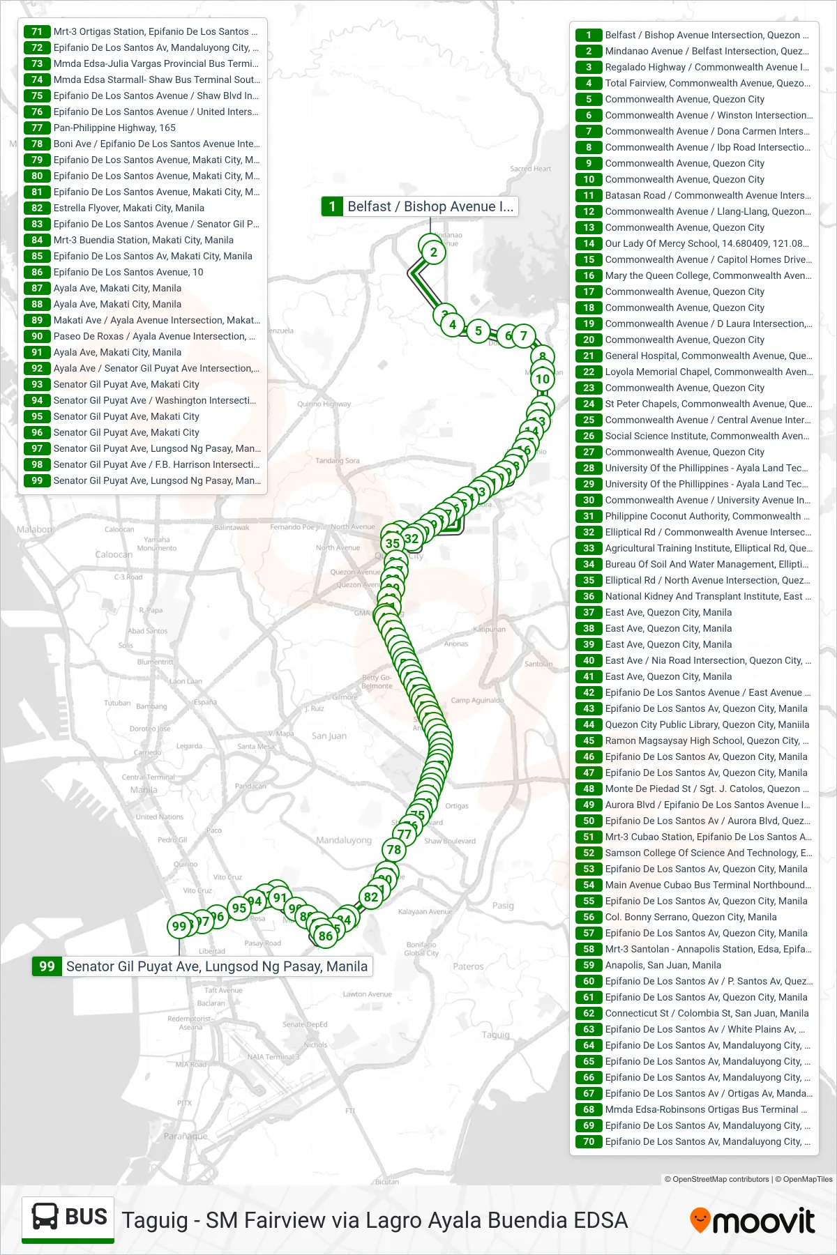 BUS bus Line (Belfast / Bishop Avenue Intersection, Quezon City→Senator Gil Puyat Ave, Lungsod Ng Pasay, Manila) route and stops on a map