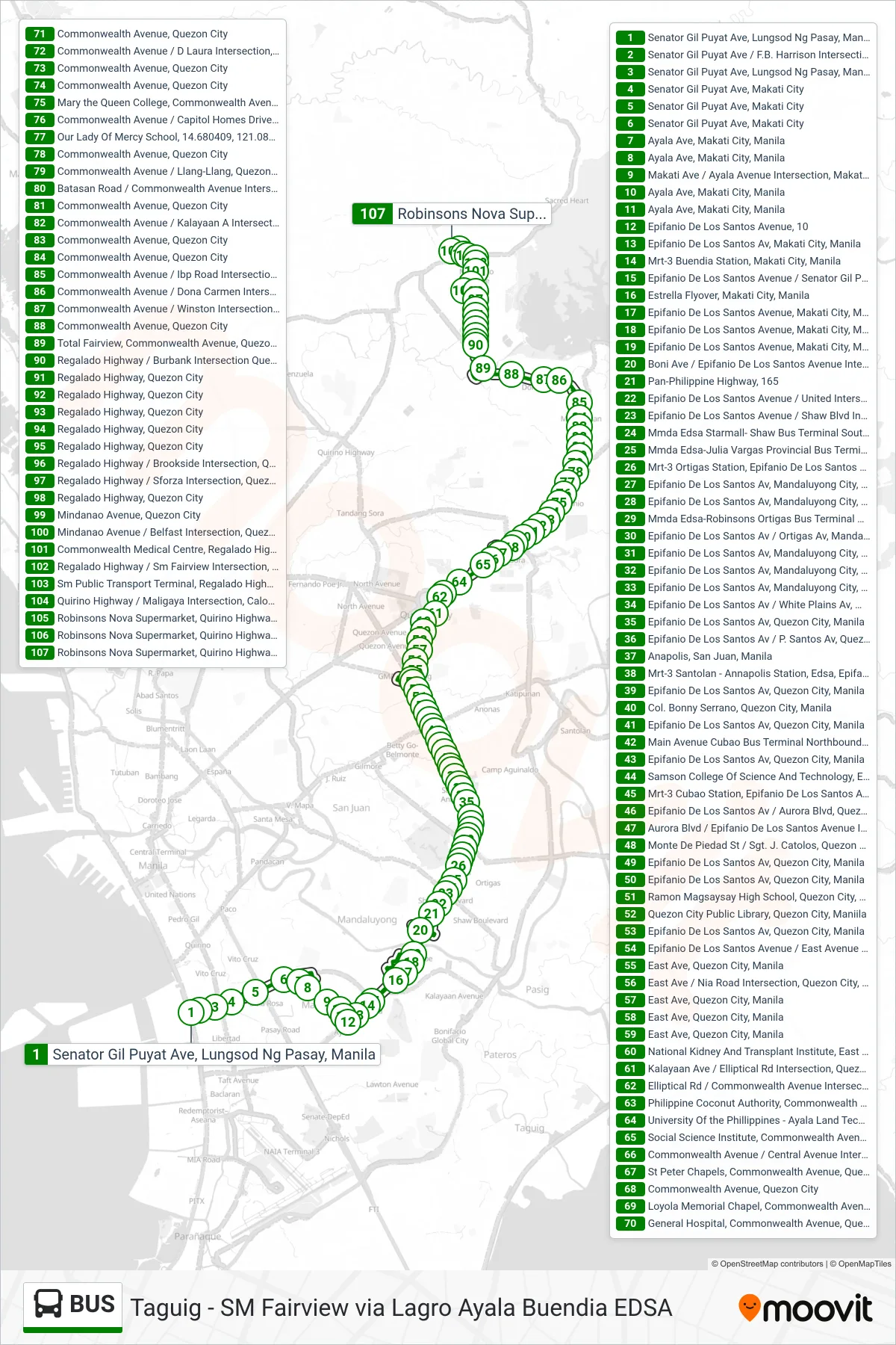 BUS bus Line (Senator Gil Puyat Ave, Lungsod Ng Pasay, Manila‎→Robinsons Nova Supermarket, Quirino Highway, Caloocan City, Manila) route and stops on a map