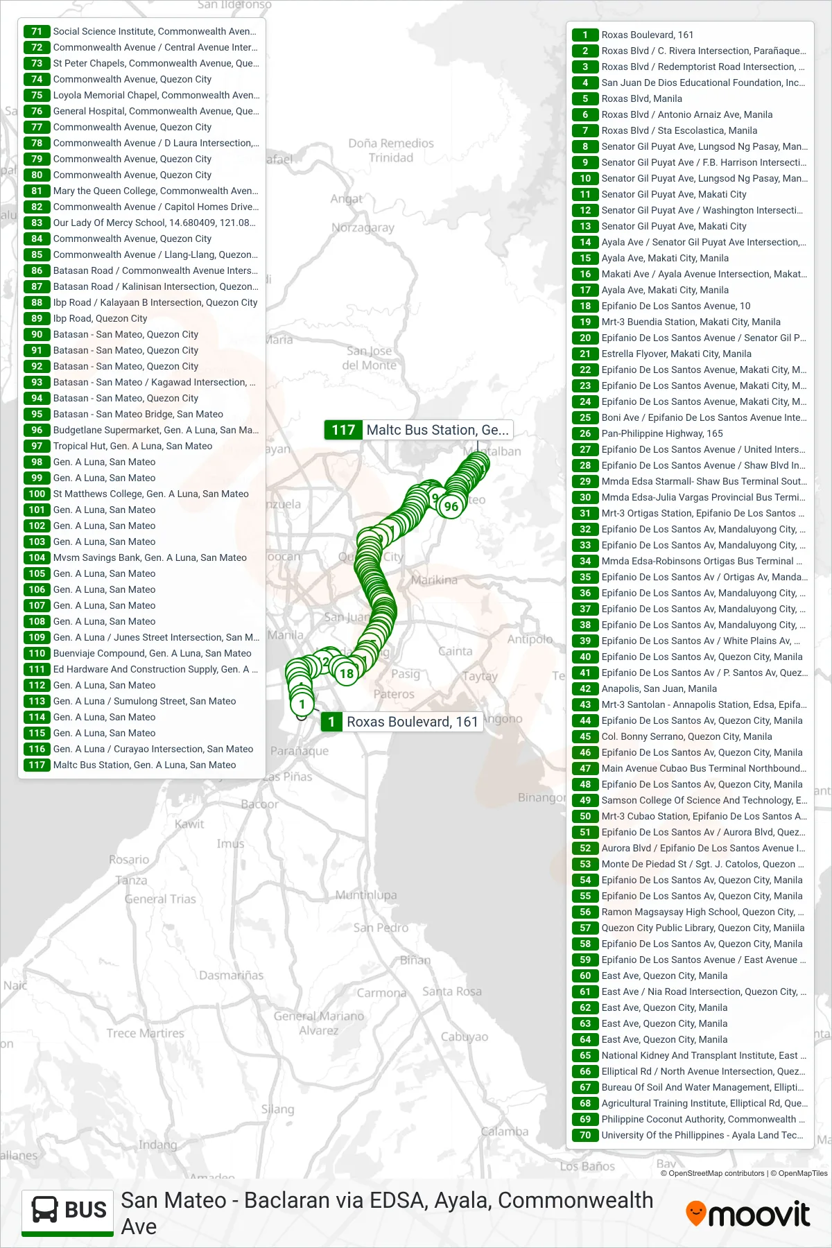 BUS bus Line (Roxas Boulevard, 161→Maltc Bus Station, Gen. A Luna, San Mateo) route and stops on a map