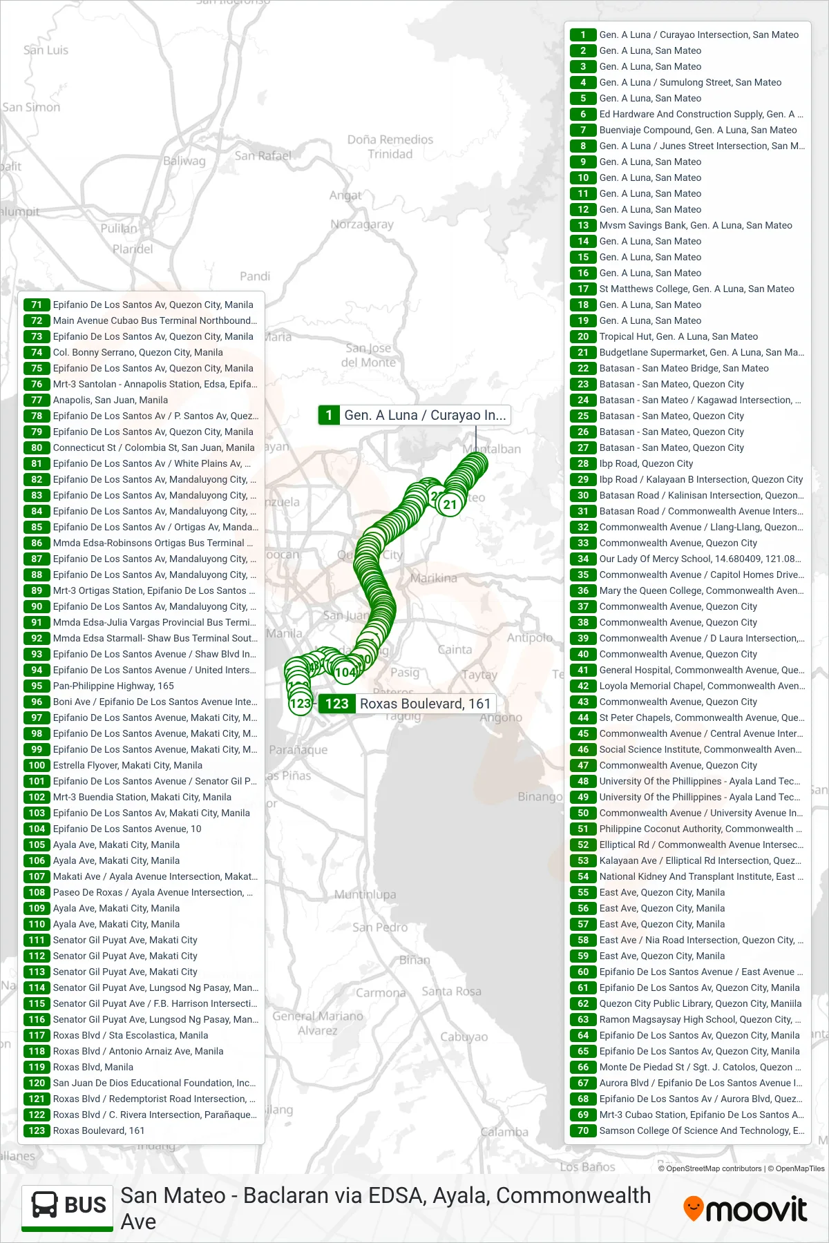 BUS bus Line (Gen. A Luna / Curayao Intersection, San Mateo‎→Roxas Boulevard, 161) route and stops on a map