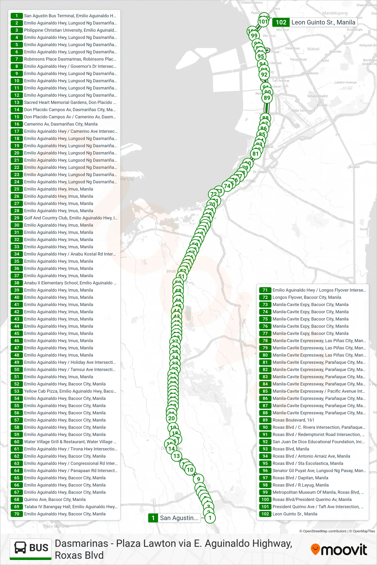 BUS bus Line (San Agustin Bus Terminal, Emilio Aguinaldo Hwy, Lungsod Ng Dasmariñas, Manila→Leon Guinto Sr., Manila) route and stops on a map