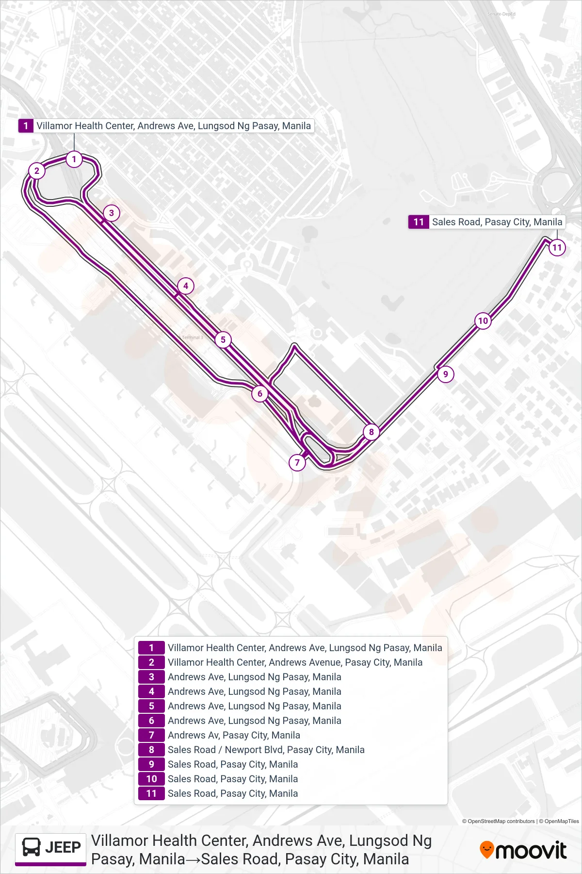 JEEP bus Line (Villamor Health Center, Andrews Ave, Lungsod Ng Pasay, Manila→Sales Road, Pasay City, Manila) route and stops on a map