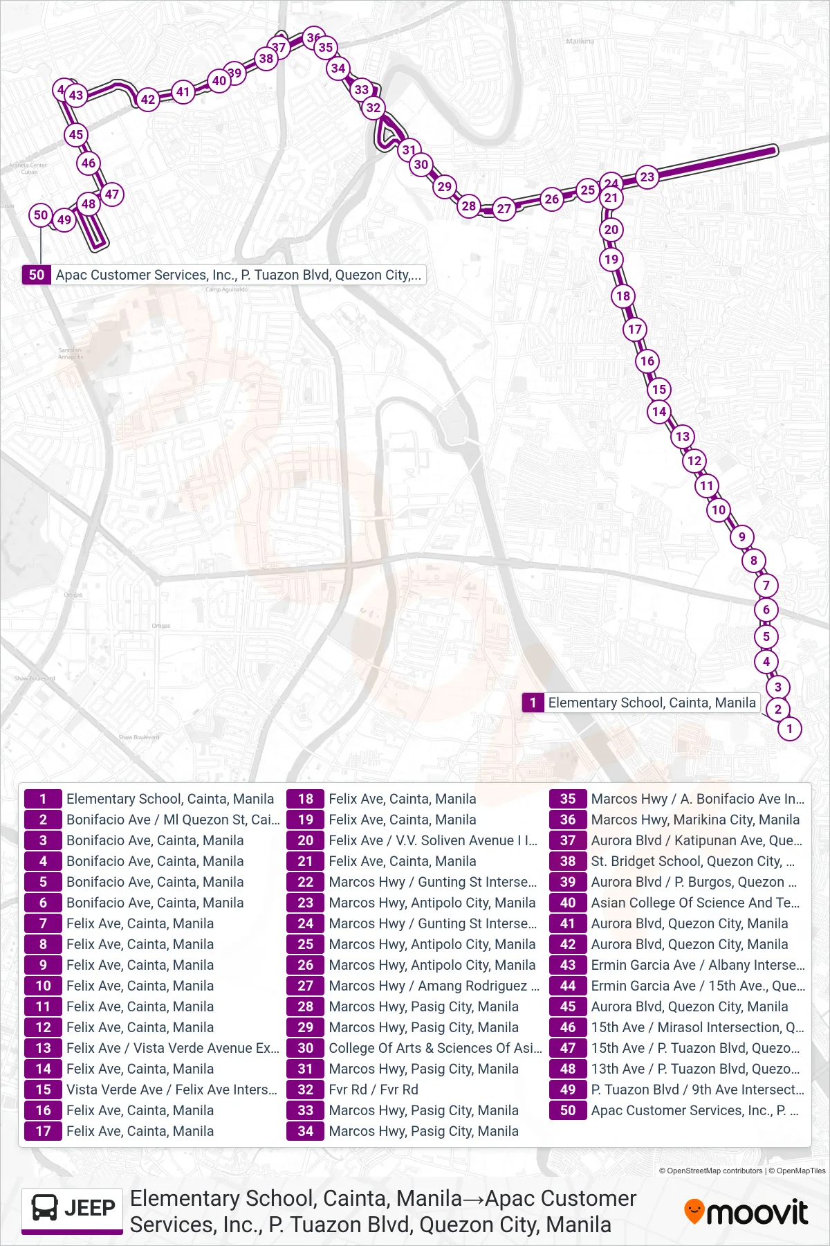 JEEP bus Line (Elementary School, Cainta, Manila→Apac Customer Services, Inc., P. Tuazon Blvd, Quezon City, Manila) route and stops on a map