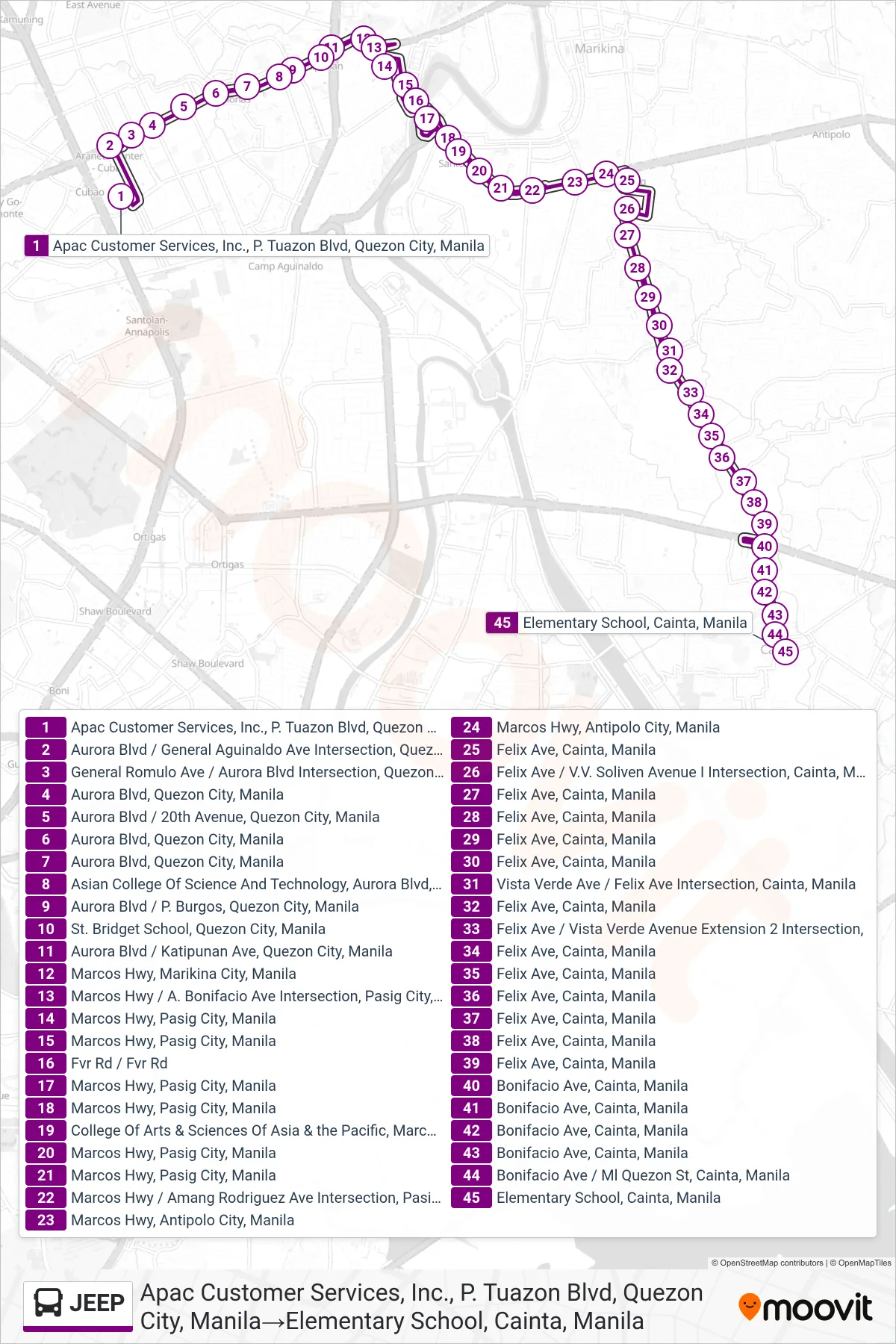 JEEP bus Line (Apac Customer Services, Inc., P. Tuazon Blvd, Quezon City, Manila‎→Elementary School, Cainta, Manila) route and stops on a map