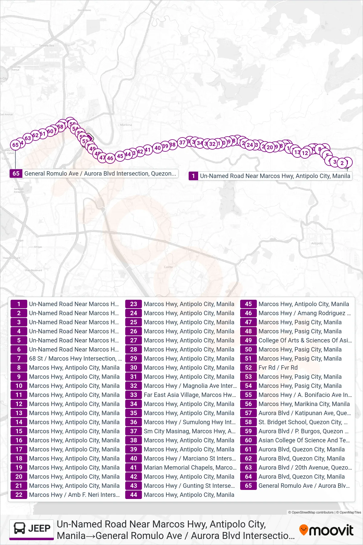 JEEP bus Line (Un-Named Road Near Marcos Hwy, Antipolo City, Manila→General Romulo Ave / Aurora Blvd Intersection, Quezon City, Manila) route and stops on a map