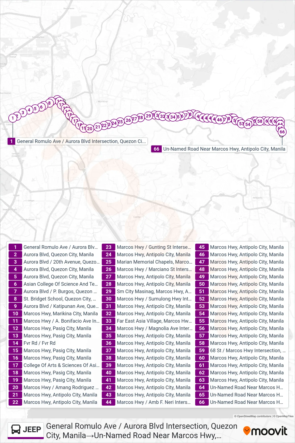 JEEP bus Line (General Romulo Ave / Aurora Blvd Intersection, Quezon City, Manila‎→Un-Named Road Near Marcos Hwy, Antipolo City, Manila) route and stops on a map