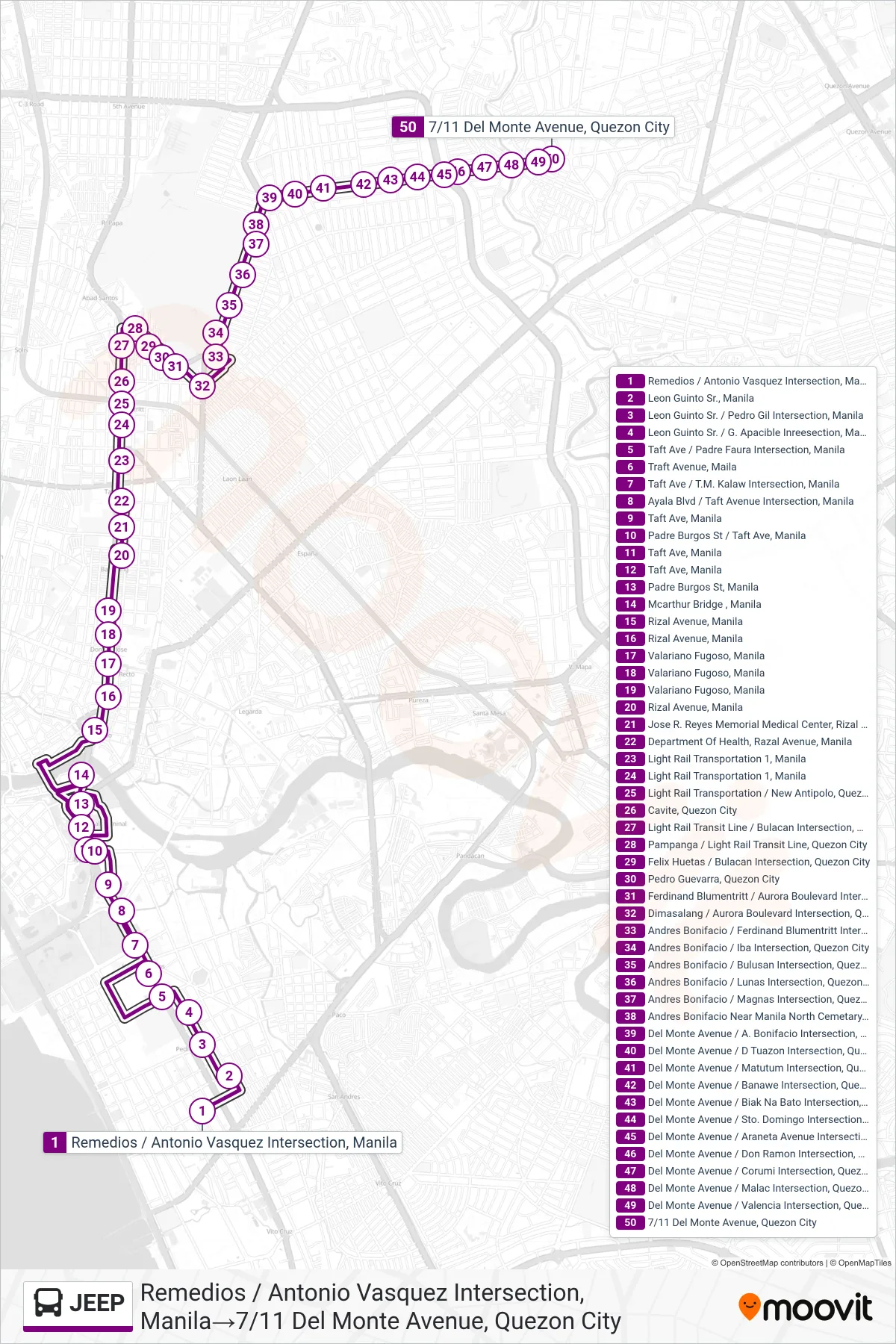 JEEP bus Line (Remedios / Antonio Vasquez Intersection, Manila→7/11 Del Monte Avenue, Quezon City) route and stops on a map