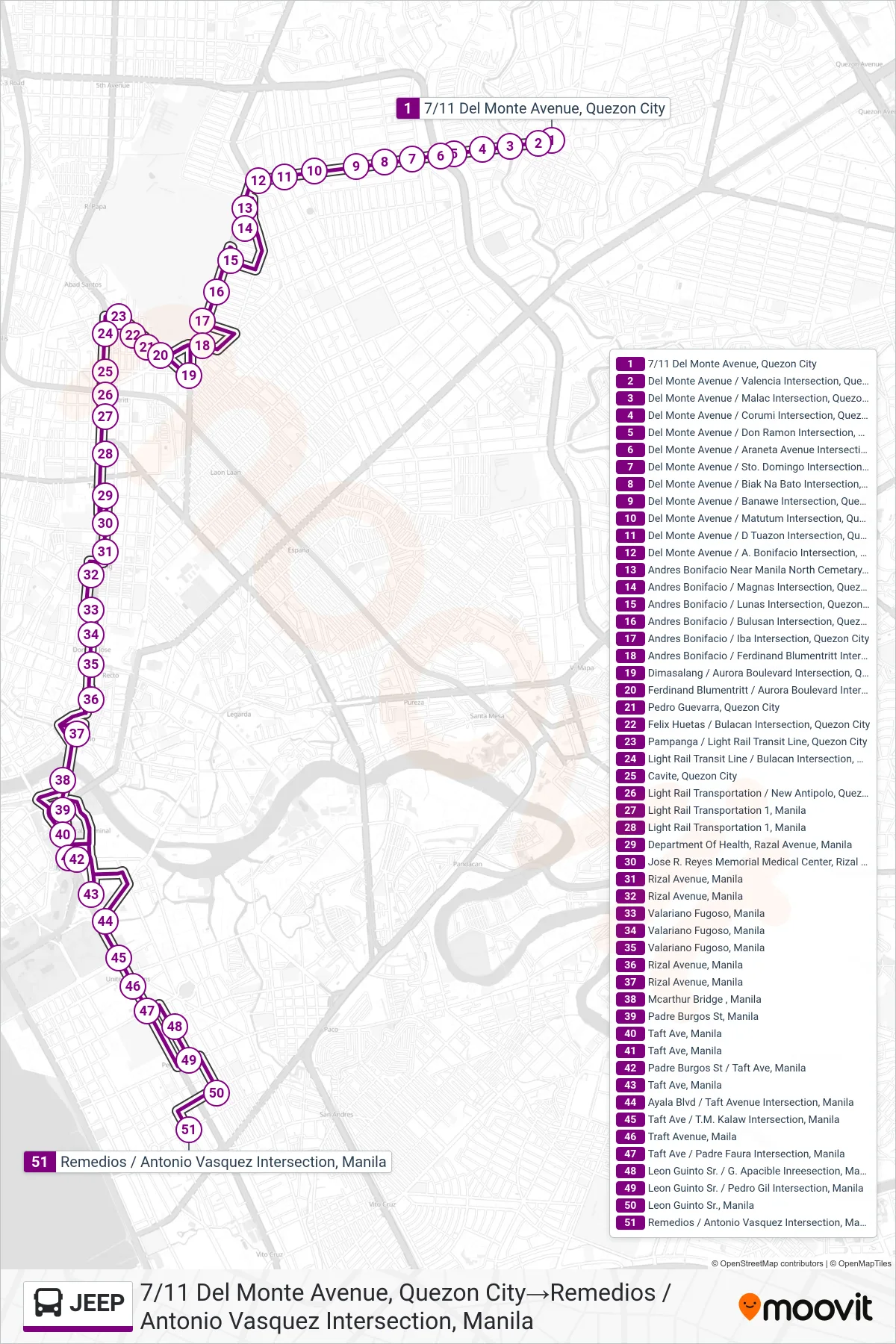 JEEP bus Line (7/11 Del Monte Avenue, Quezon City‎→Remedios / Antonio Vasquez Intersection, Manila) route and stops on a map