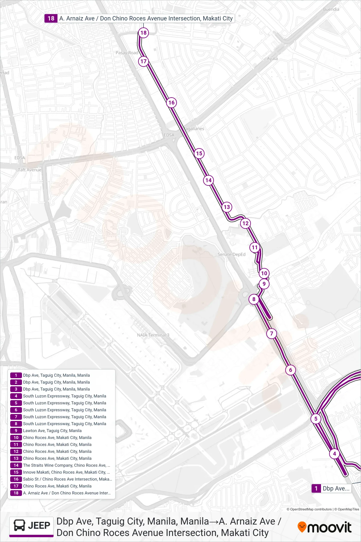 JEEP bus Line (Dbp Ave, Taguig City, Manila, Manila‎→A. Arnaiz Ave / Don Chino Roces Avenue Intersection, Makati City) route and stops on a map