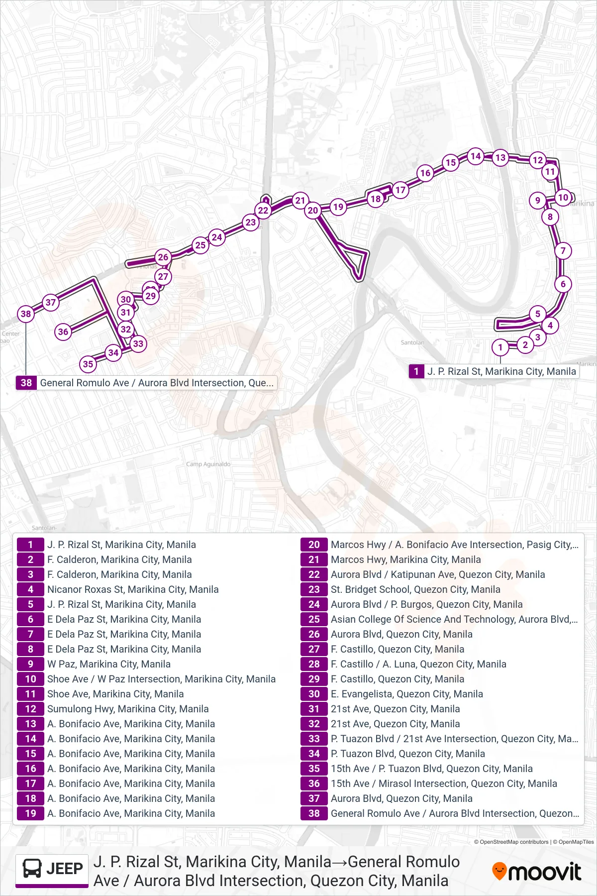 JEEP bus Line (J. P. Rizal St, Marikina City, Manila‎→General Romulo Ave / Aurora Blvd Intersection, Quezon City, Manila) route and stops on a map