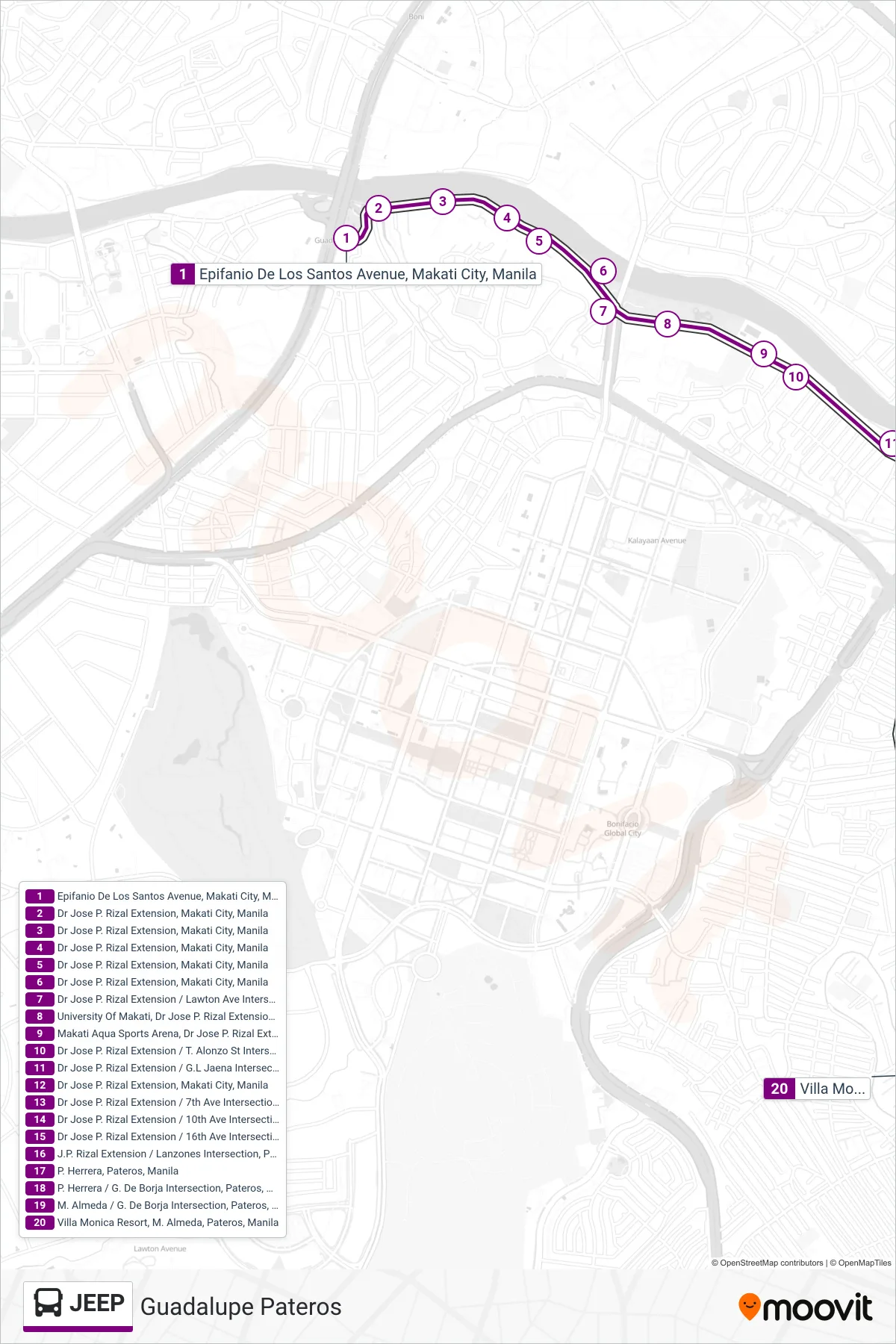 JEEP bus Line (Epifanio De Los Santos Avenue, Makati City, Manila→Villa Monica Resort, M. Almeda, Pateros, Manila) route and stops on a map