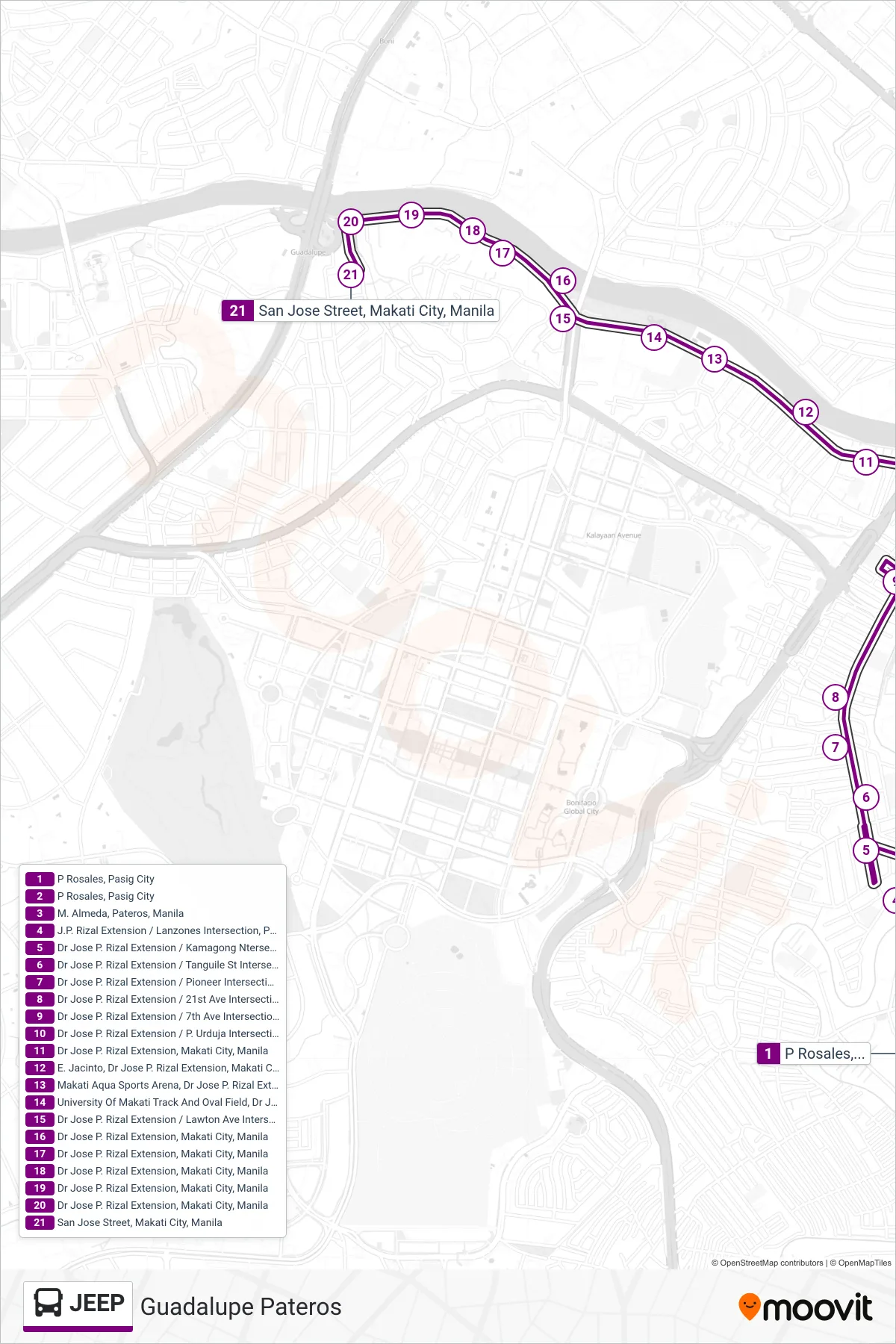 JEEP bus Line (P Rosales, Pasig City→San Jose Street, Makati City, Manila) route and stops on a map