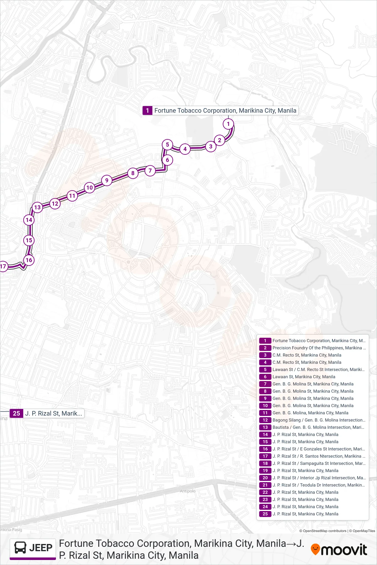 JEEP bus Line (Fortune Tobacco Corporation, Marikina City, Manila→J. P. Rizal St, Marikina City, Manila) route and stops on a map