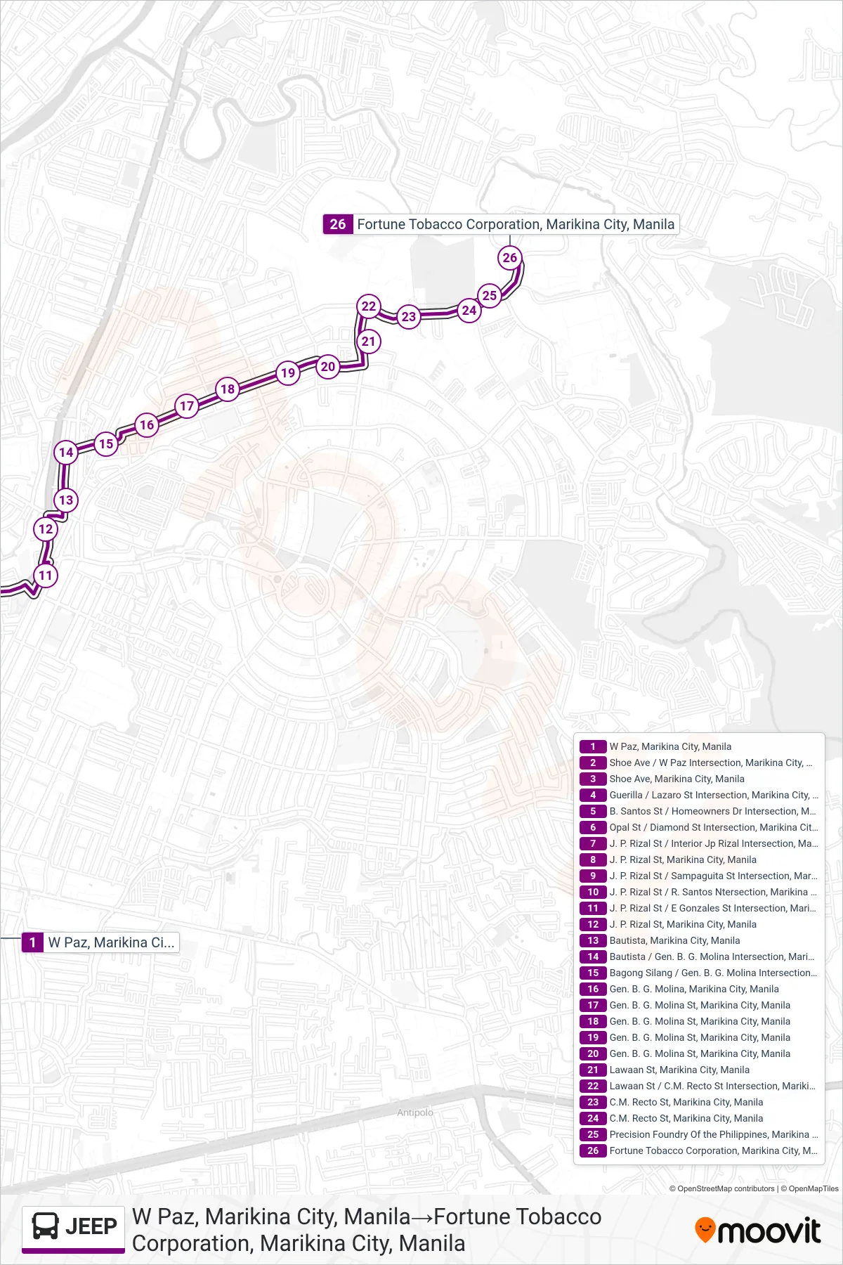 JEEP bus Line (W Paz, Marikina City, Manila→Fortune Tobacco Corporation, Marikina City, Manila) route and stops on a map