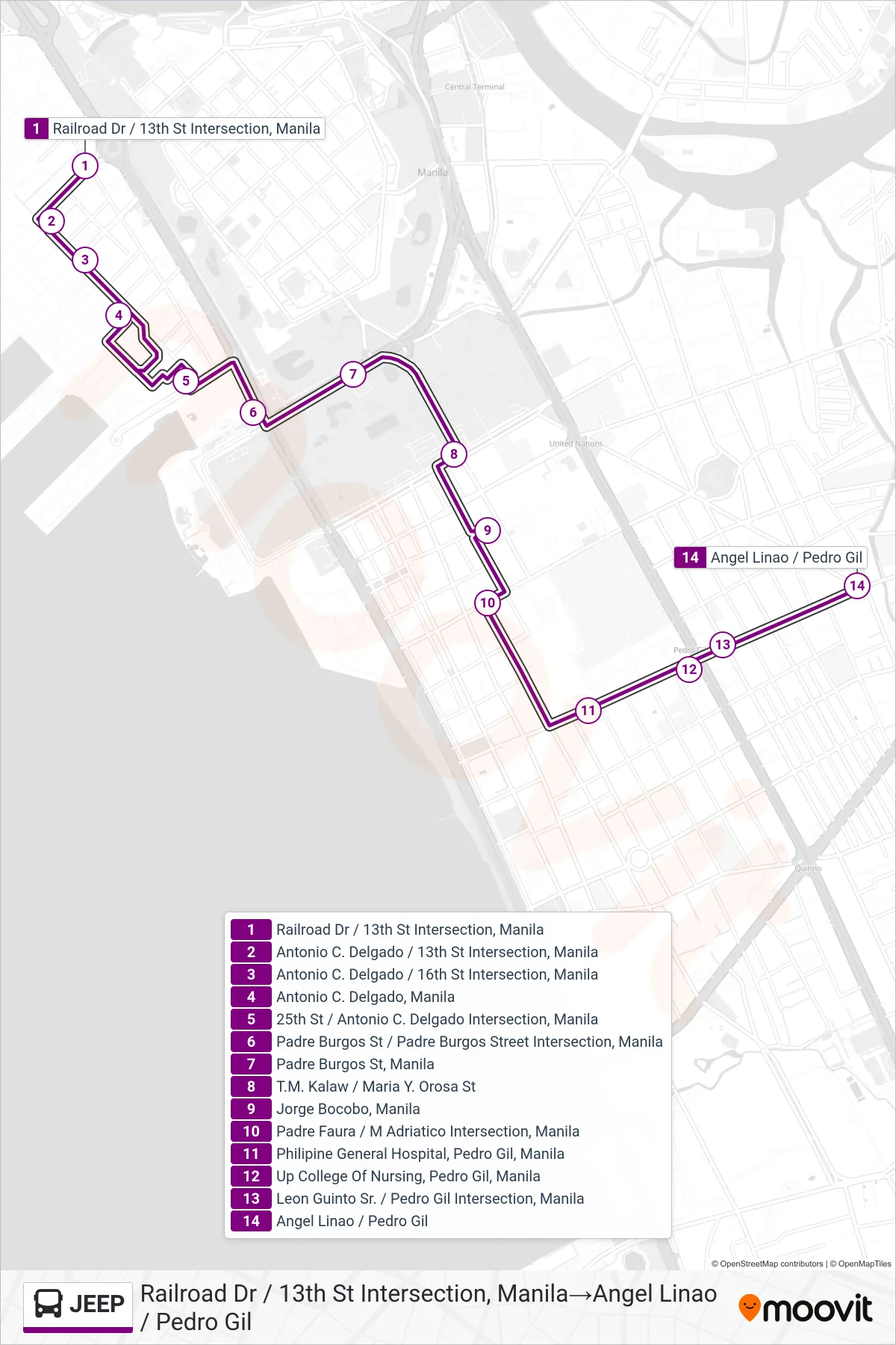 JEEP bus Line (Railroad Dr / 13th St Intersection, Manila→Angel Linao / Pedro Gil) route and stops on a map