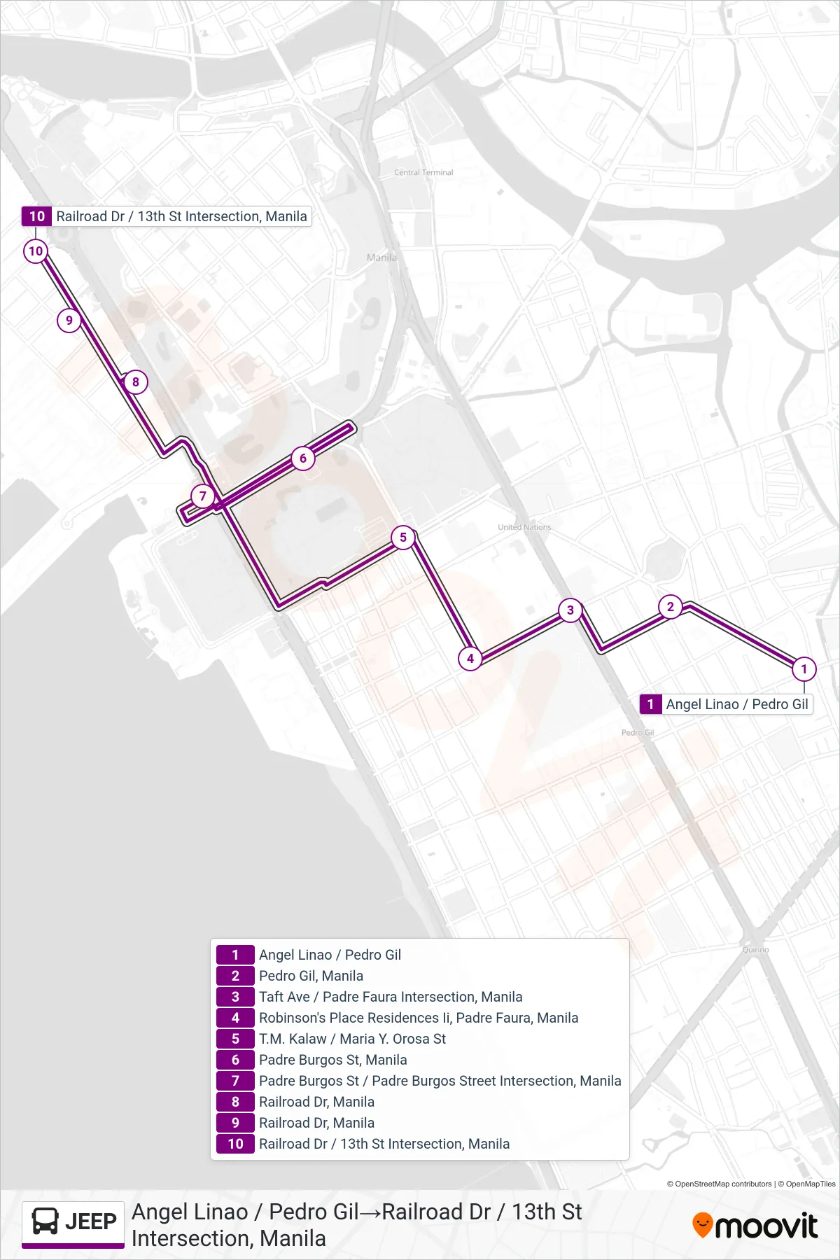 JEEP bus Line (Angel Linao / Pedro Gil‎→Railroad Dr / 13th St Intersection, Manila) route and stops on a map