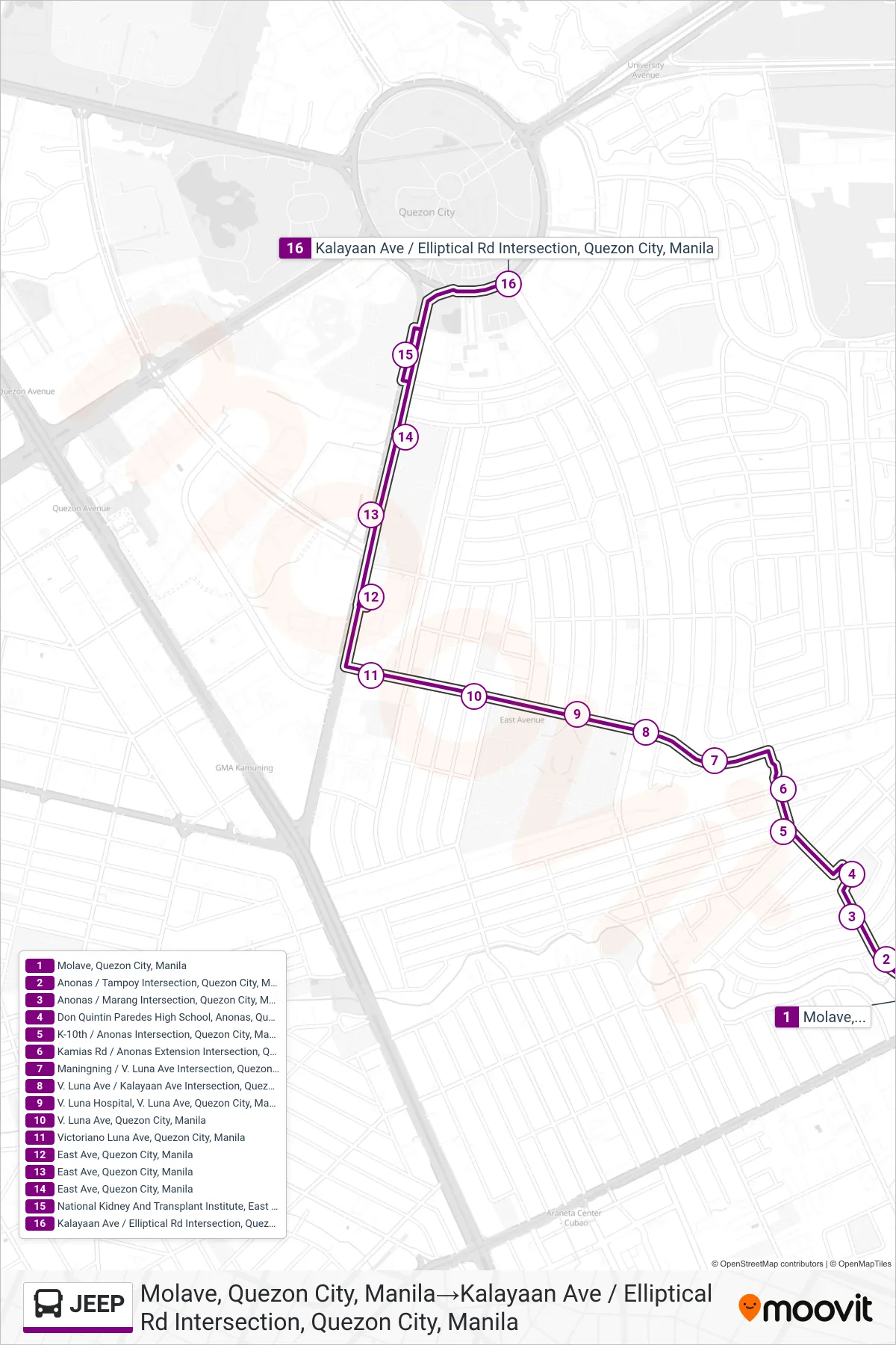 JEEP bus Line (Molave, Quezon City, Manila→Kalayaan Ave / Elliptical Rd Intersection, Quezon City, Manila) route and stops on a map
