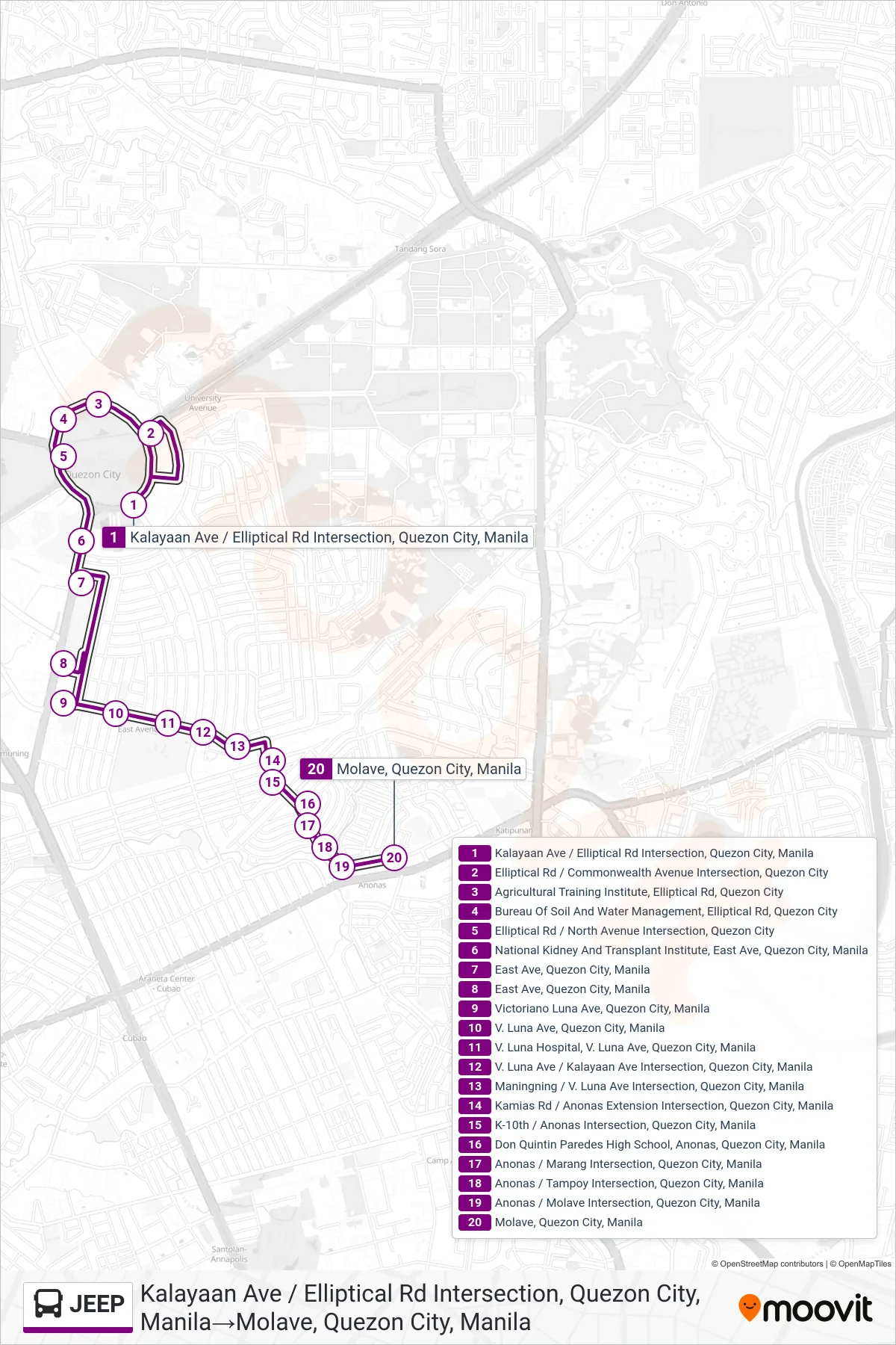 JEEP bus Line (Kalayaan Ave / Elliptical Rd Intersection, Quezon City, Manila→Molave, Quezon City, Manila) route and stops on a map