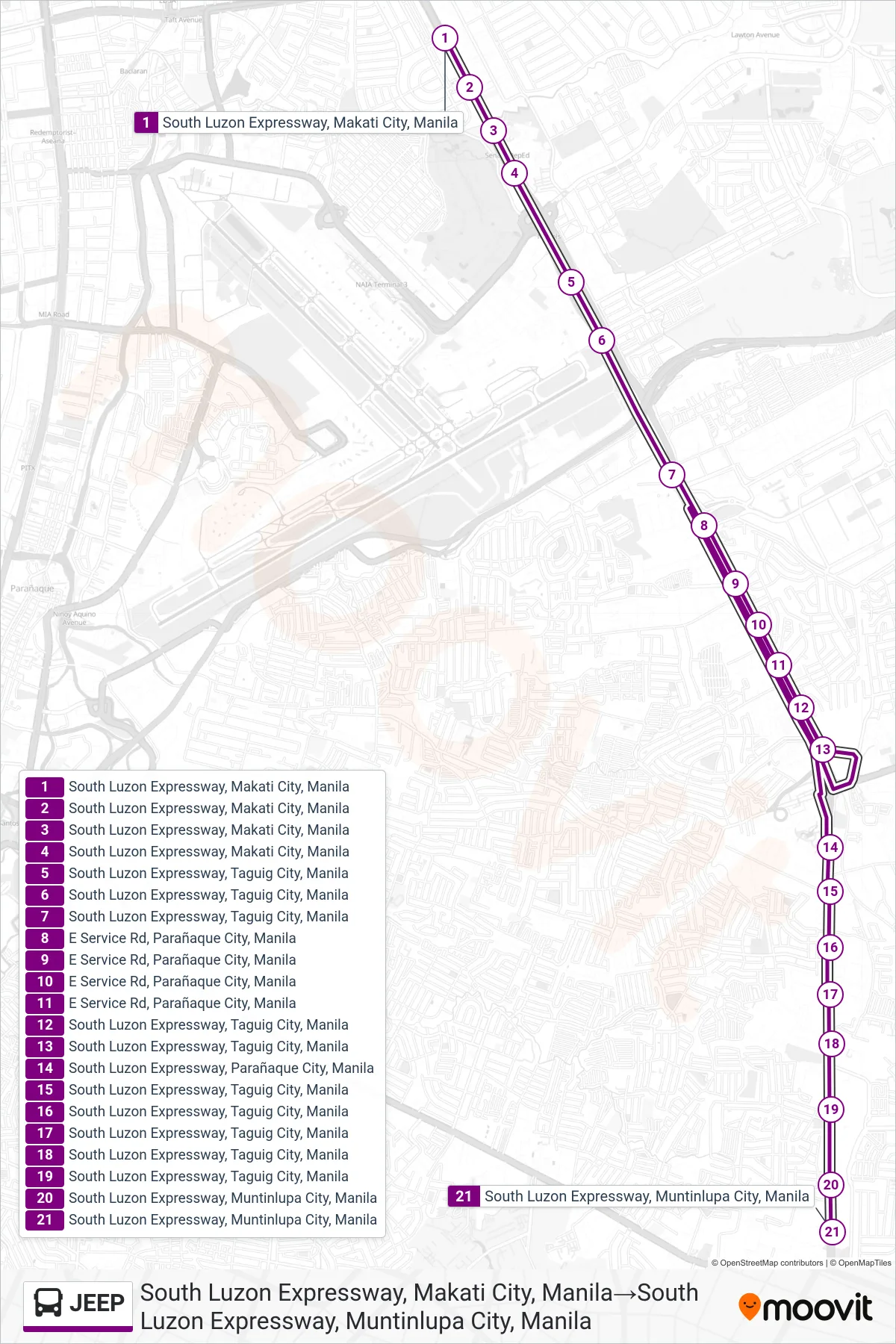 JEEP bus Line (South Luzon Expressway, Makati City, Manila→South Luzon Expressway, Muntinlupa City, Manila) route and stops on a map