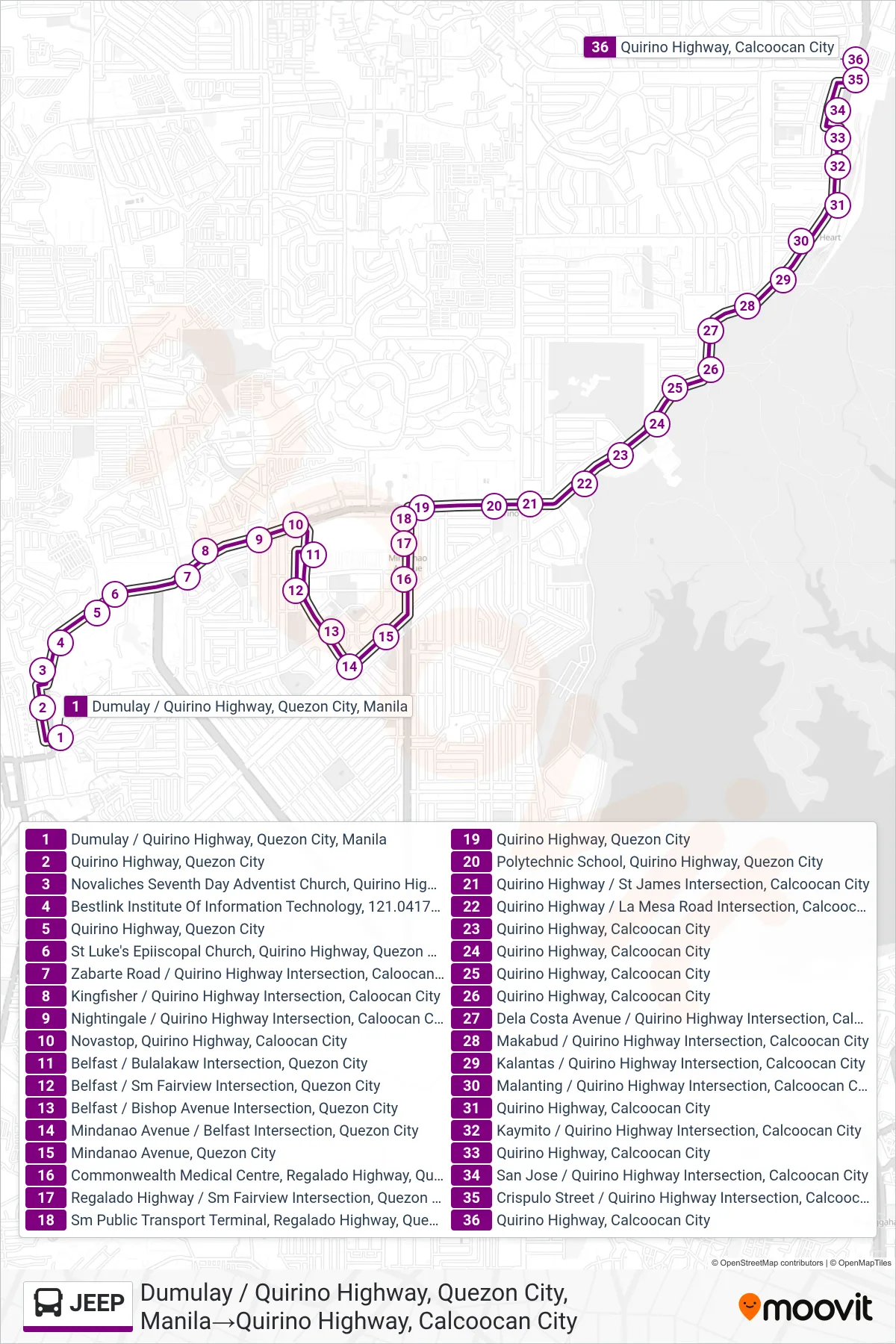 JEEP bus Line (Dumulay / Quirino Highway, Quezon City, Manila→Quirino Highway, Calcoocan City) route and stops on a map