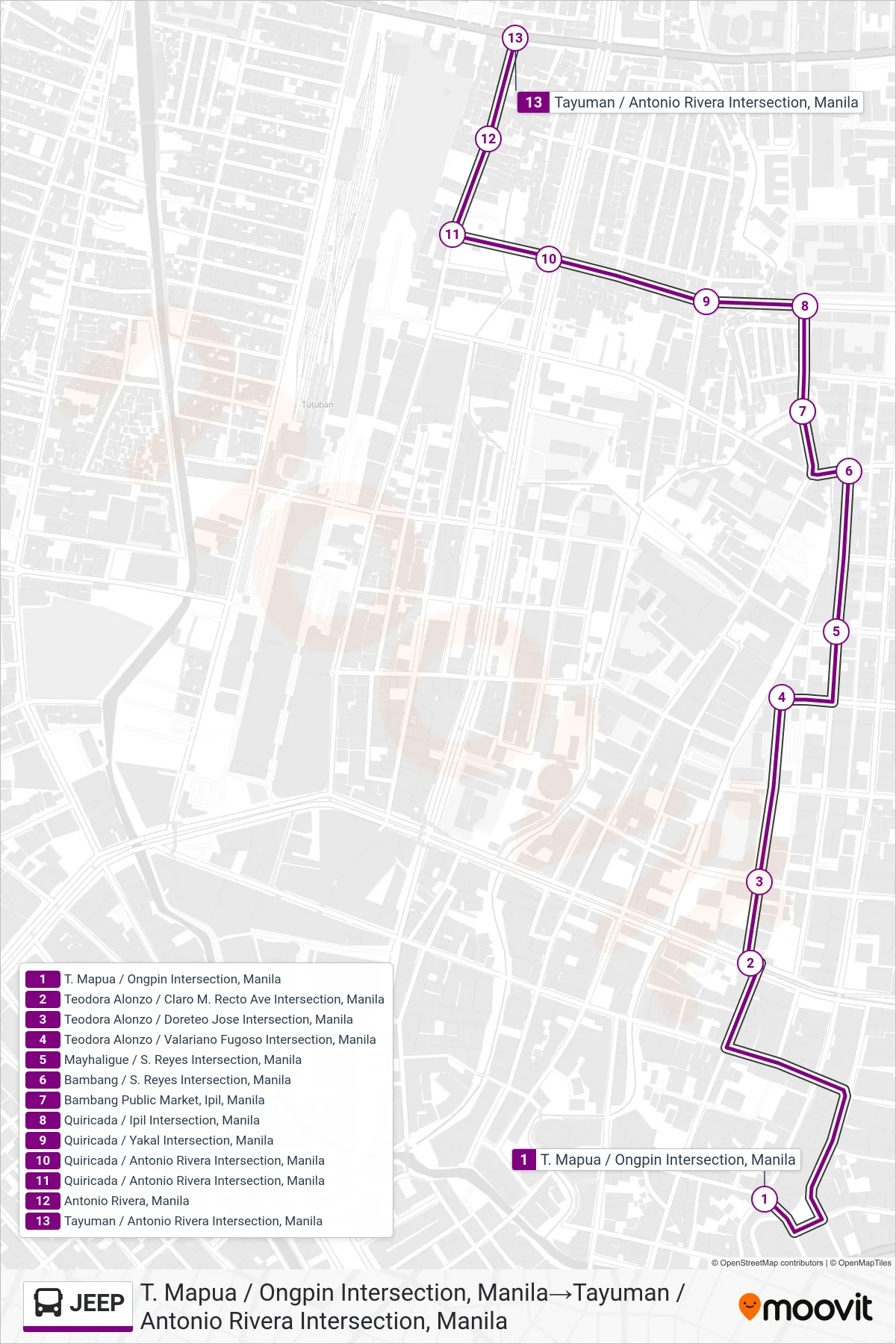 JEEP bus Line (T. Mapua / Ongpin Intersection, Manila‎→Tayuman / Antonio Rivera Intersection, Manila) route and stops on a map