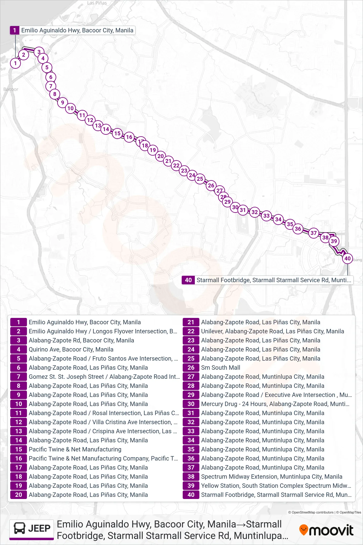 JEEP bus Line (Emilio Aguinaldo Hwy, Bacoor City, Manila‎→Starmall Footbridge, Starmall Starmall Service Rd, Muntinlupa City, Manila) route and stops on a map