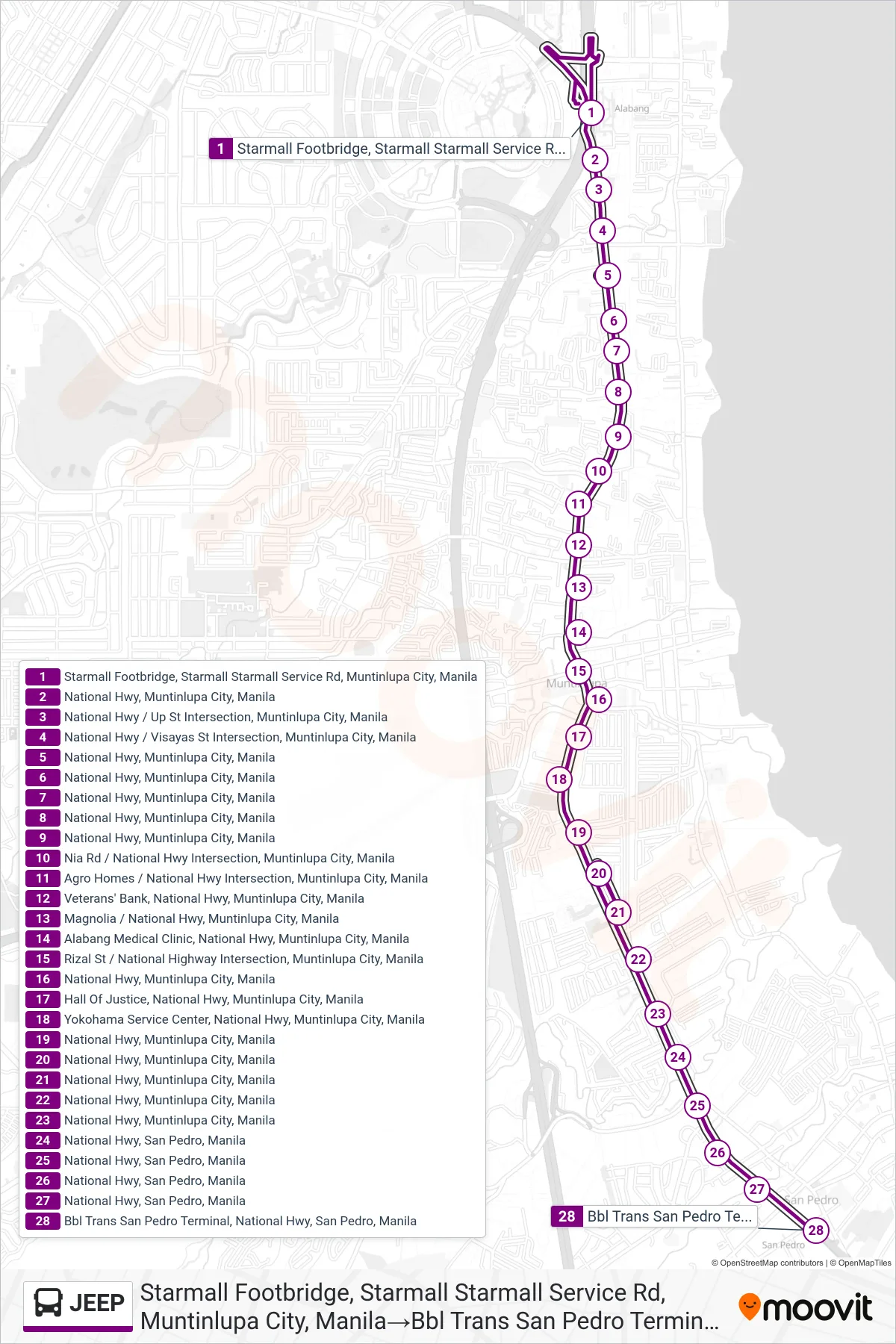 JEEP bus Line (Starmall Footbridge, Starmall Starmall Service Rd, Muntinlupa City, Manila→Bbl Trans San Pedro Terminal, National Hwy, San Pedro, Manila) route and stops on a map