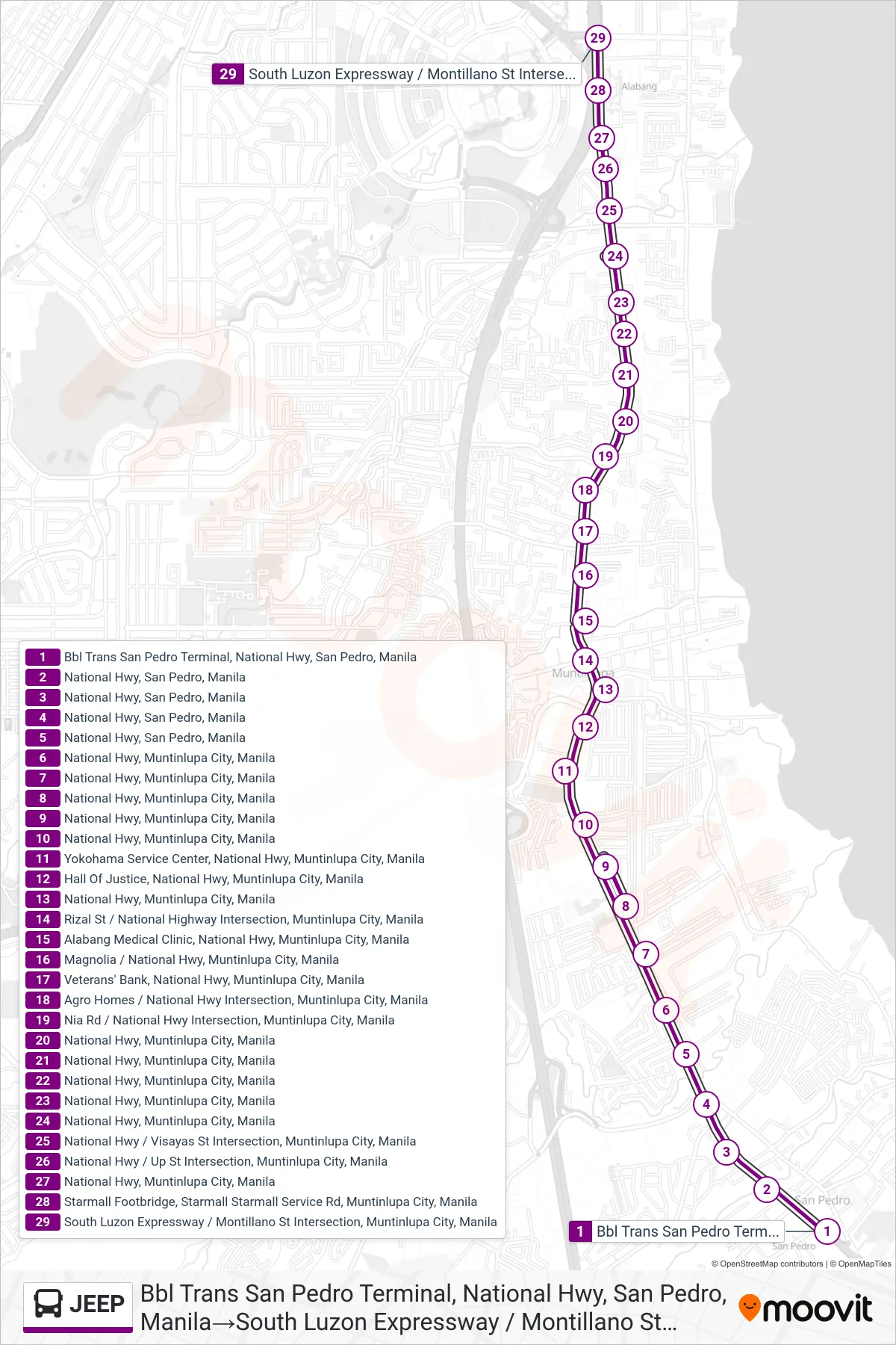 JEEP bus Line (Bbl Trans San Pedro Terminal, National Hwy, San Pedro, Manila‎→South Luzon Expressway / Montillano St Intersection, Muntinlupa City, Manila) route and stops on a map