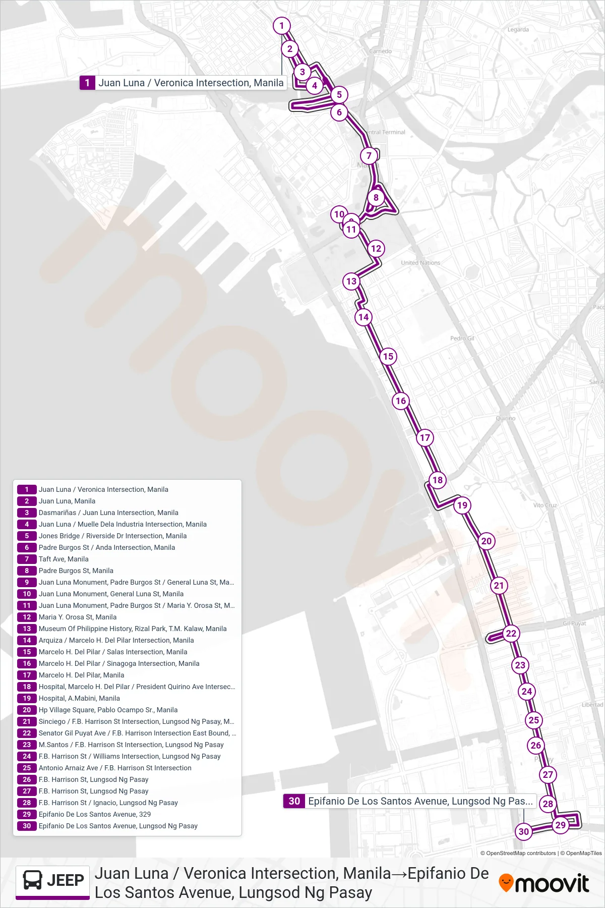 JEEP bus Line (Juan Luna / Veronica Intersection, Manila→Epifanio De Los Santos Avenue, Lungsod Ng Pasay) route and stops on a map