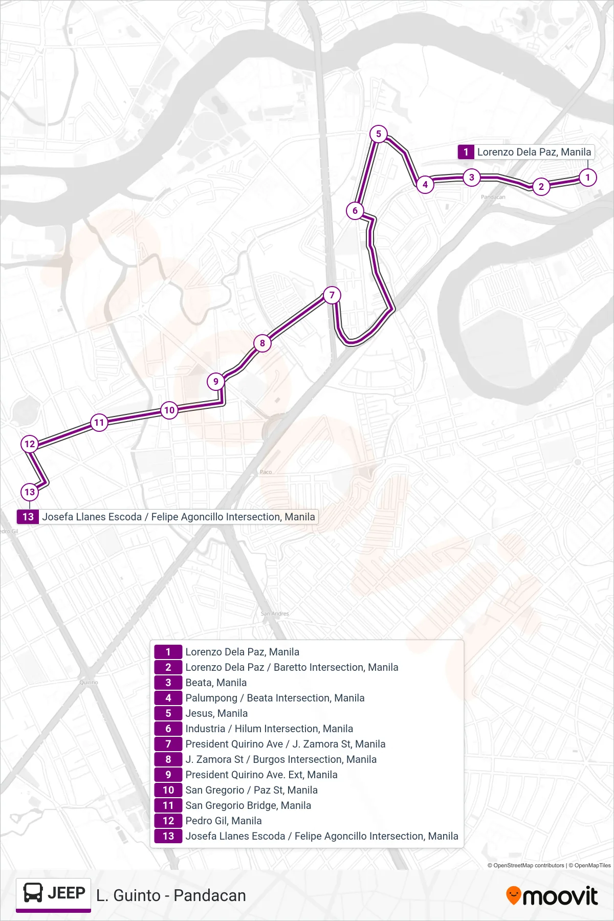 JEEP bus Line (Lorenzo Dela Paz, Manila→Josefa Llanes Escoda / Felipe Agoncillo Intersection, Manila) route and stops on a map