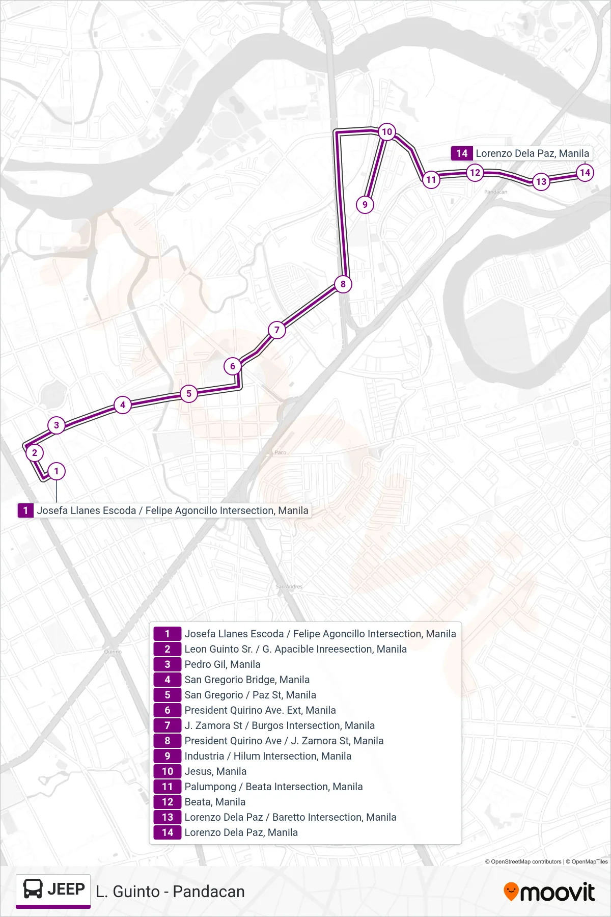 JEEP bus Line (Josefa Llanes Escoda / Felipe Agoncillo Intersection, Manila‎→Lorenzo Dela Paz, Manila) route and stops on a map