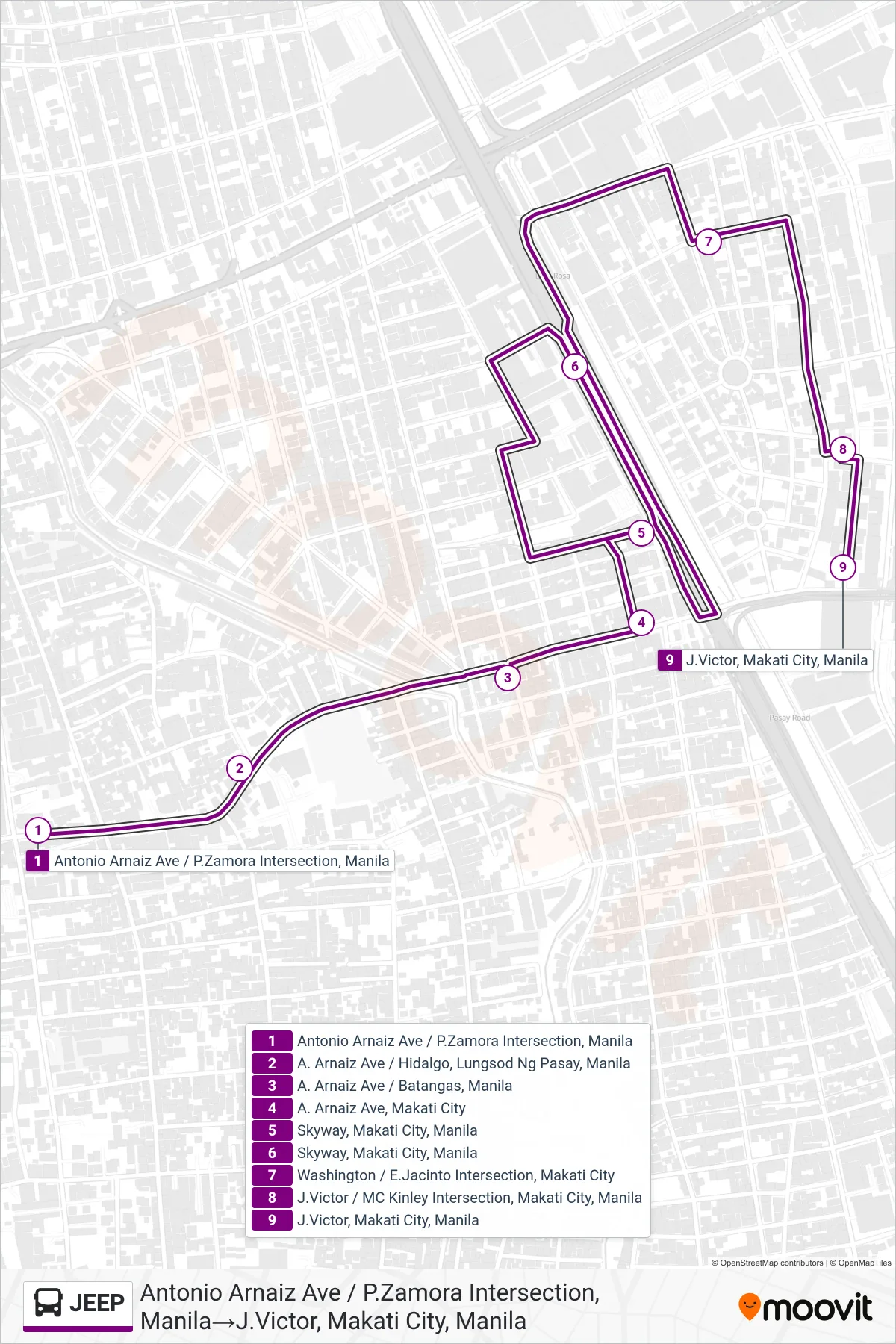 JEEP bus Line (Antonio Arnaiz Ave / P.Zamora Intersection, Manila‎→J.Victor, Makati City, Manila) route and stops on a map