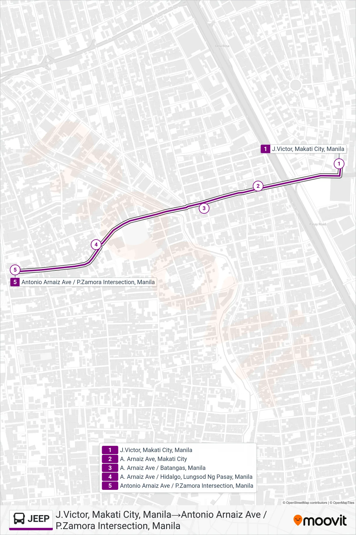 JEEP bus Line (J.Victor, Makati City, Manila→Antonio Arnaiz Ave / P.Zamora Intersection, Manila) route and stops on a map