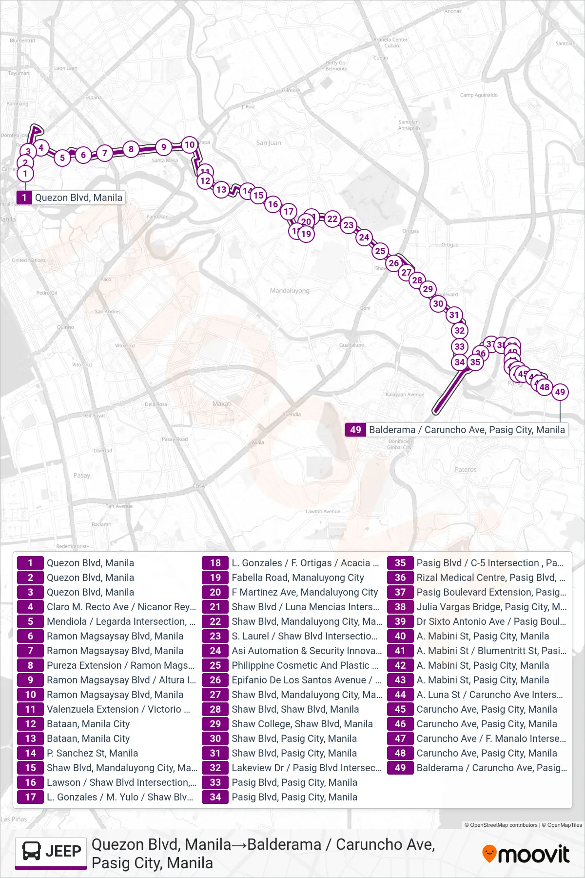 JEEP bus Line (Quezon Blvd, Manila‎→Balderama / Caruncho Ave, Pasig City, Manila) route and stops on a map