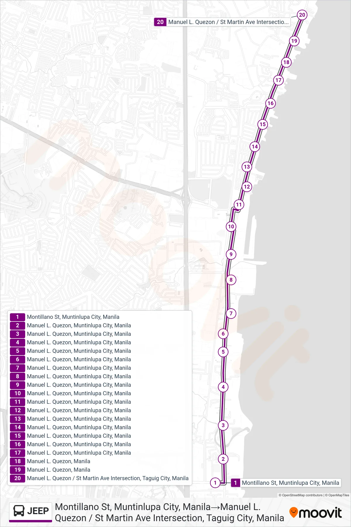 JEEP bus Line (Montillano St, Muntinlupa City, Manila‎→Manuel L. Quezon / St Martin Ave Intersection, Taguig City, Manila) route and stops on a map