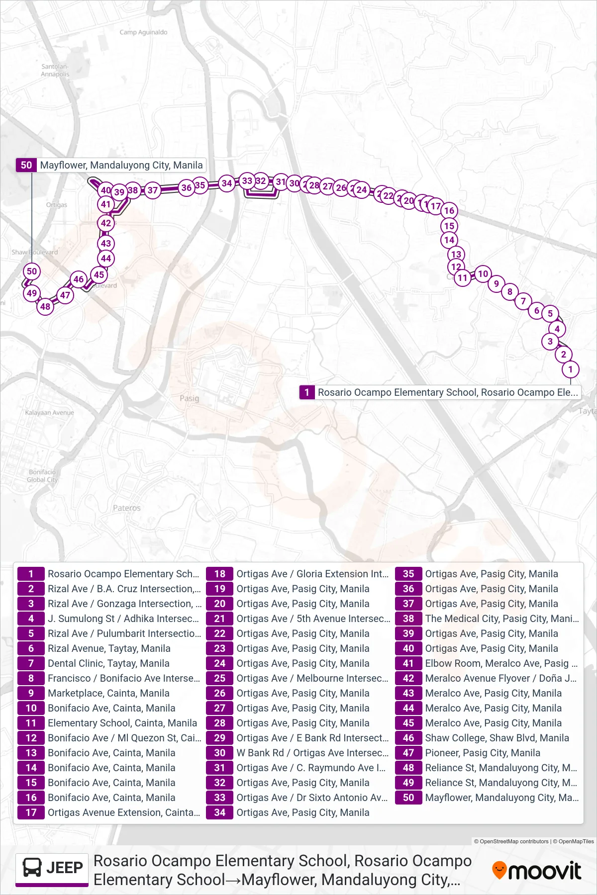JEEP bus Line (Rosario Ocampo Elementary School, Rosario Ocampo Elementary School→Mayflower, Mandaluyong City, Manila) route and stops on a map