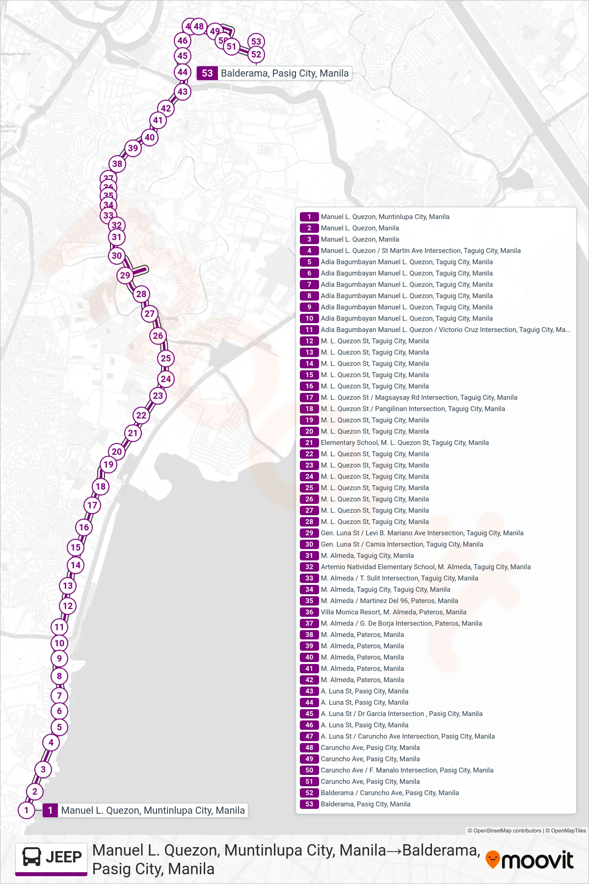 JEEP bus Line (Manuel L. Quezon, Muntinlupa City, Manila‎→Balderama, Pasig City, Manila) route and stops on a map