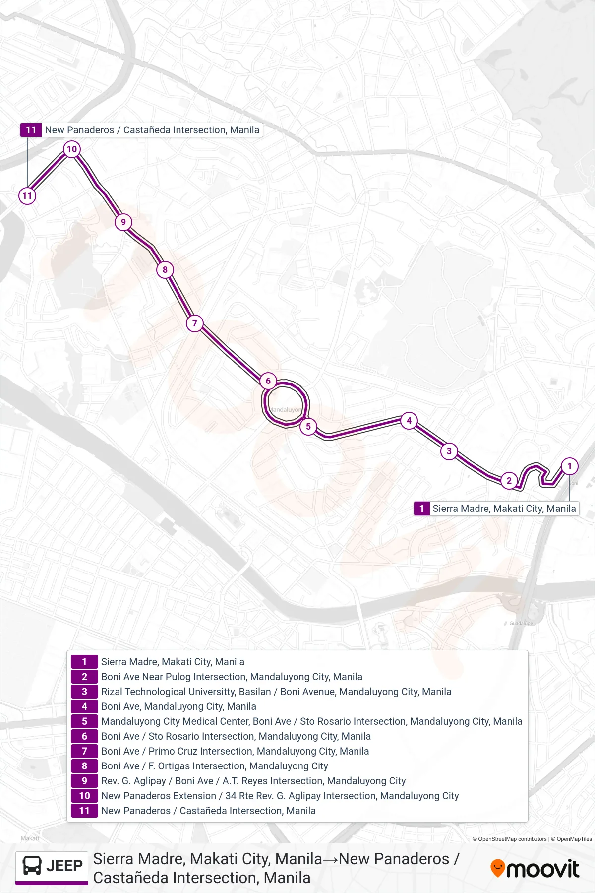 JEEP bus Line (Sierra Madre, Makati City, Manila‎→New Panaderos / Castañeda Intersection, Manila) route and stops on a map