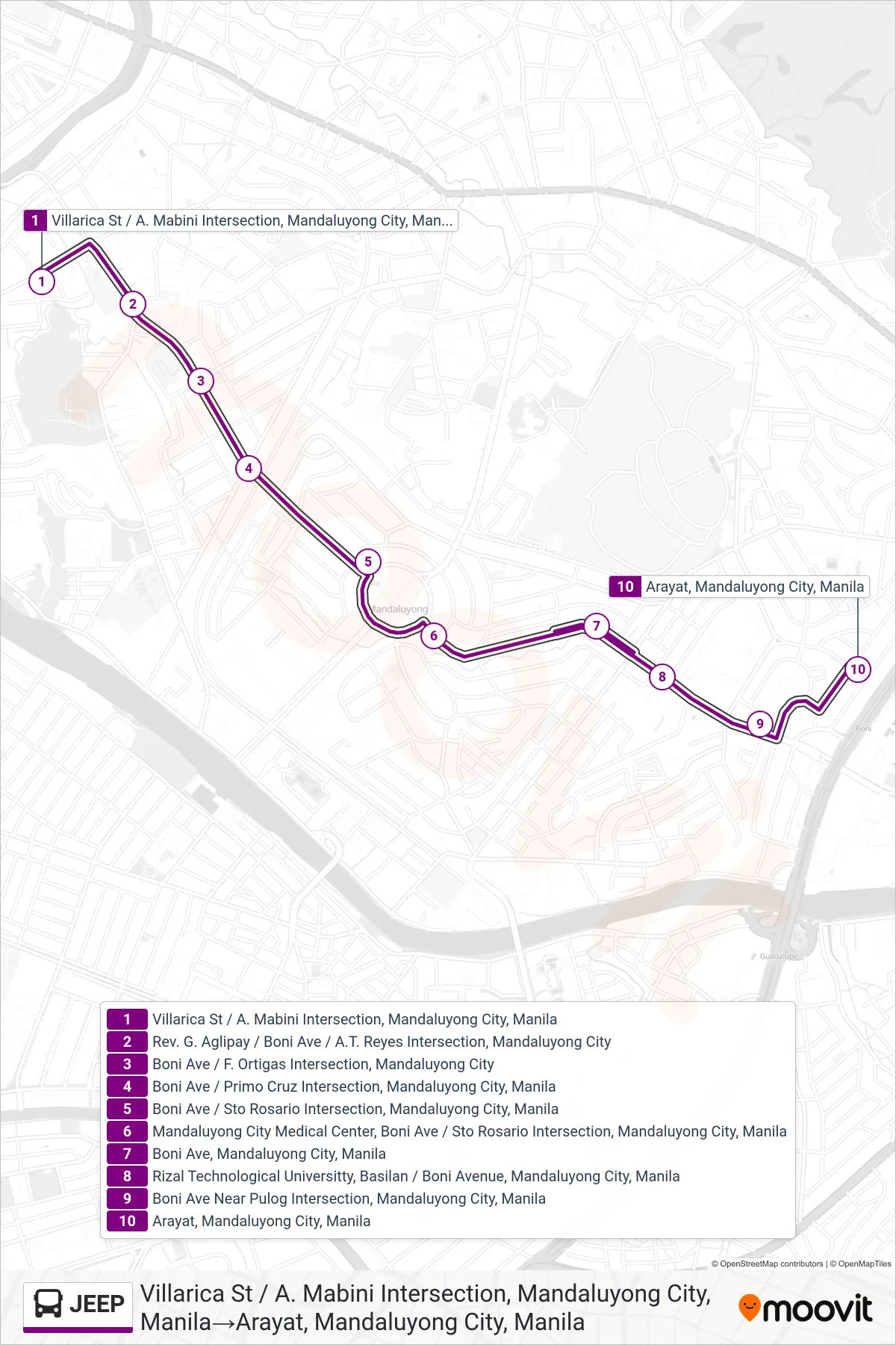 JEEP bus Line (Villarica St / A. Mabini Intersection, Mandaluyong City, Manila→Arayat, Mandaluyong City, Manila) route and stops on a map
