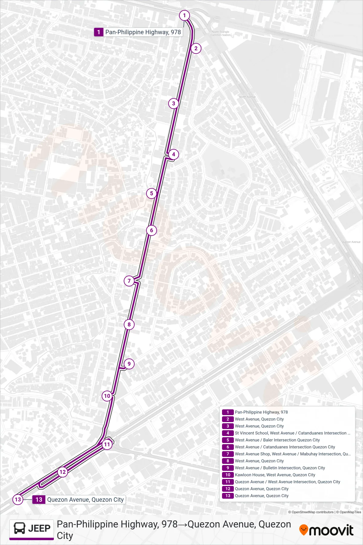 JEEP bus Line (Pan-Philippine Highway, 978→Quezon Avenue, Quezon City) route and stops on a map