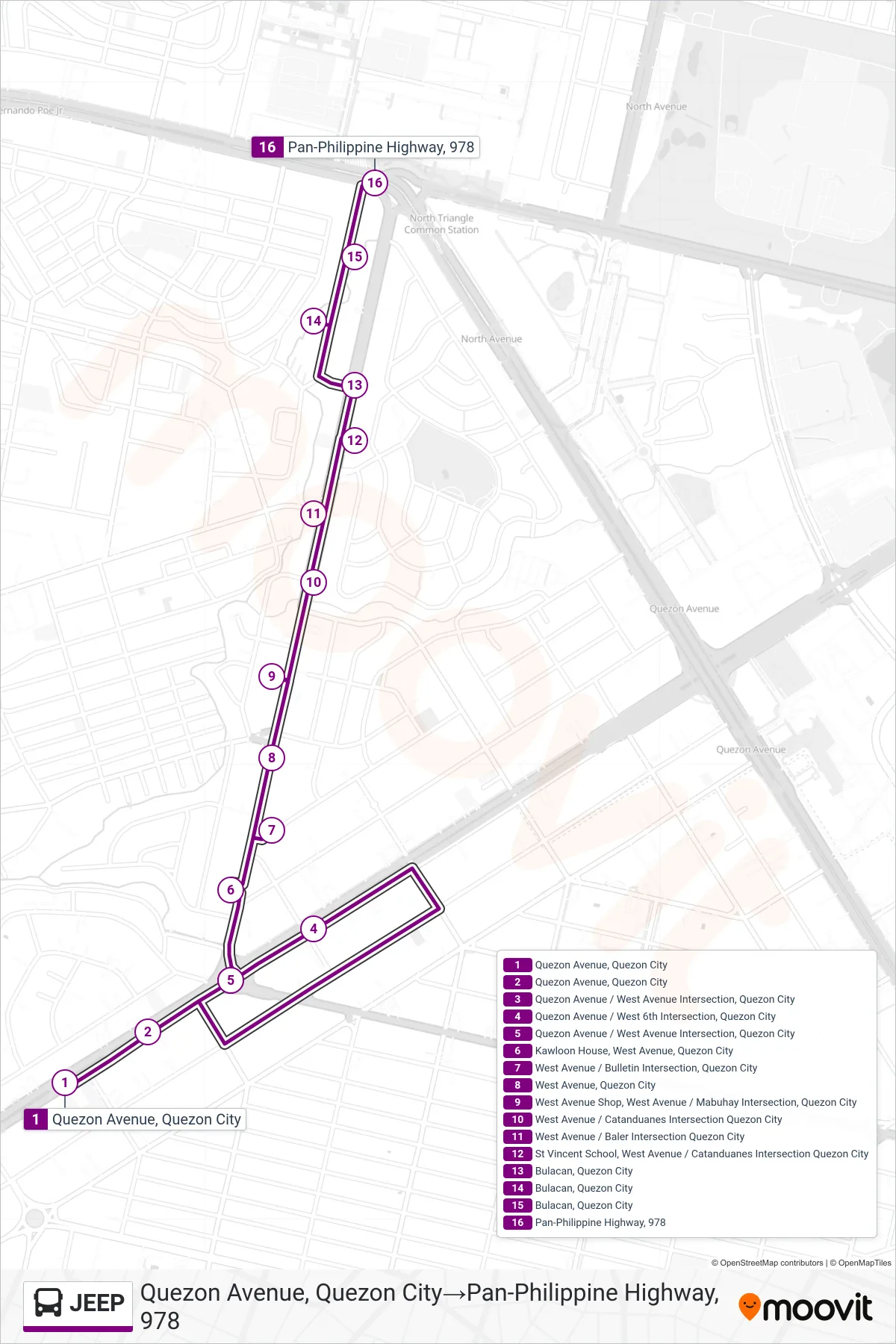 JEEP bus Line (Quezon Avenue, Quezon City→Pan-Philippine Highway, 978) route and stops on a map